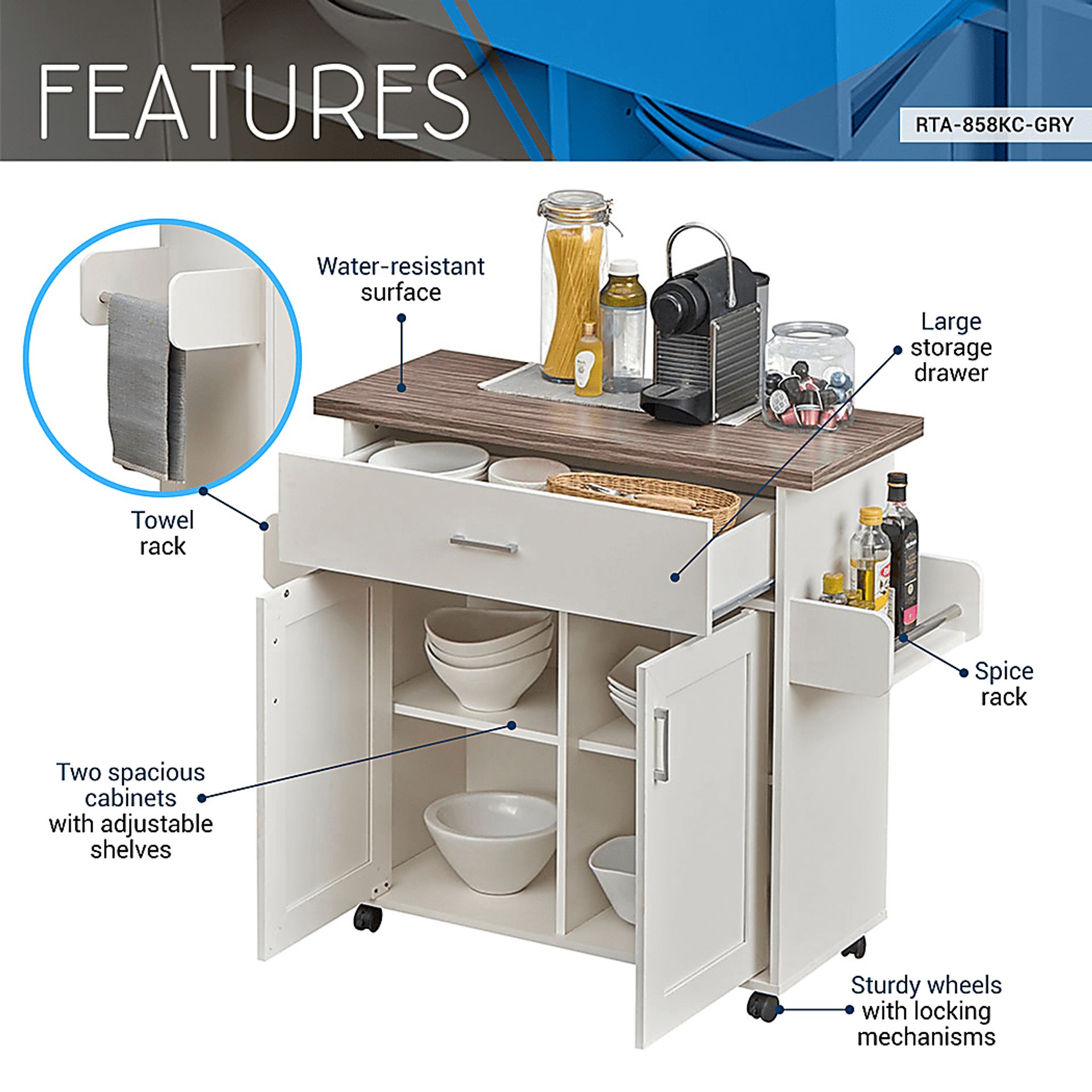 Keimio White Kitchen Cart - Image 10