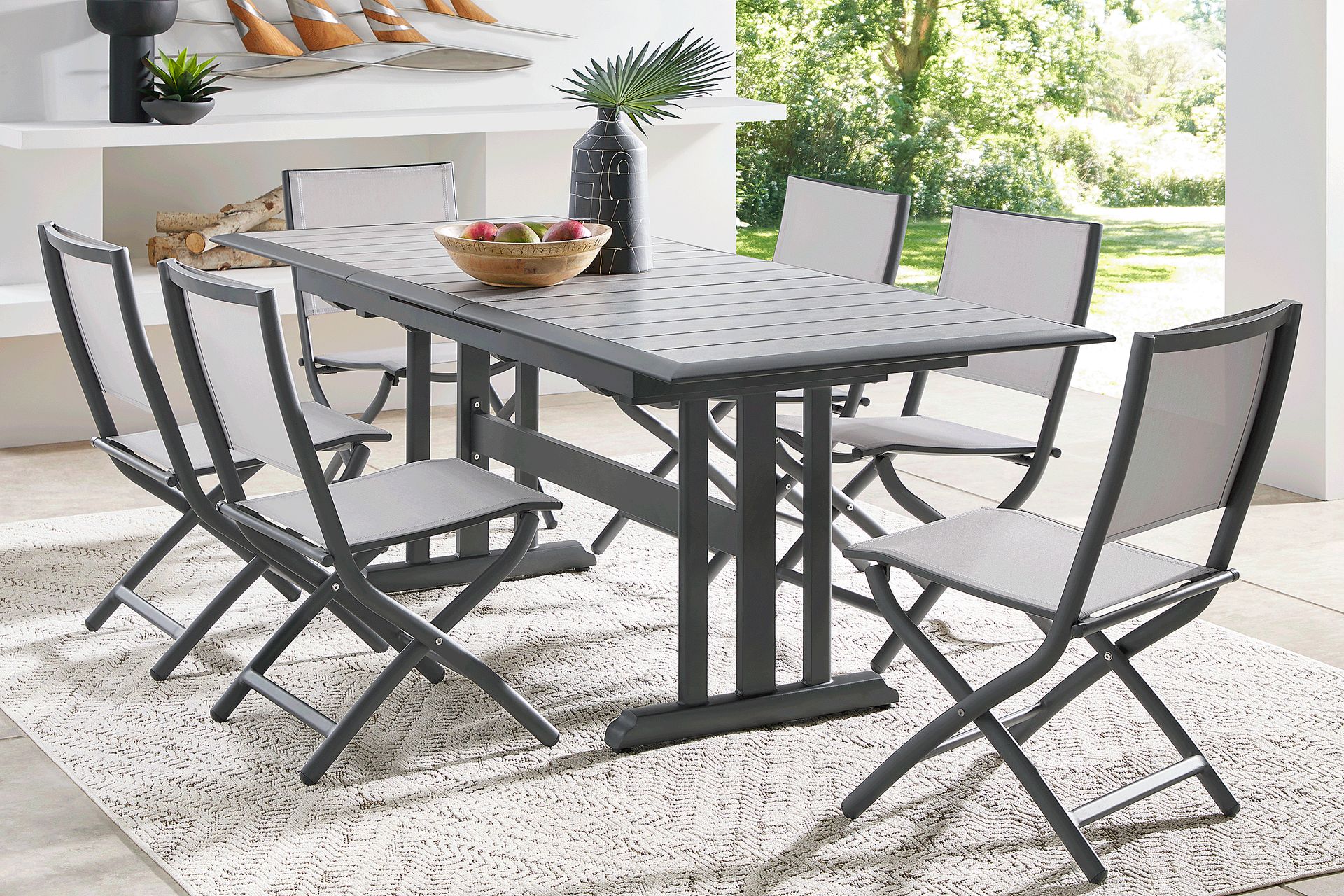 Kellen Charcoal 7 Pc Outdoor Extension Dining Set with Folding Chairs - Image 1