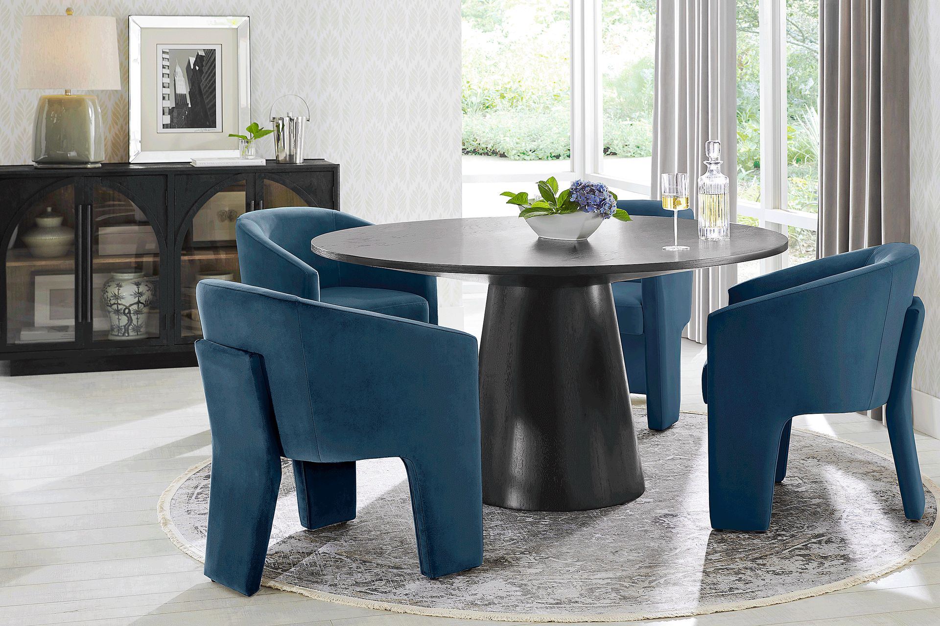Kendall Black 5 Pc 59" Round Dining Room with Blue Arm Chairs - Image 1
