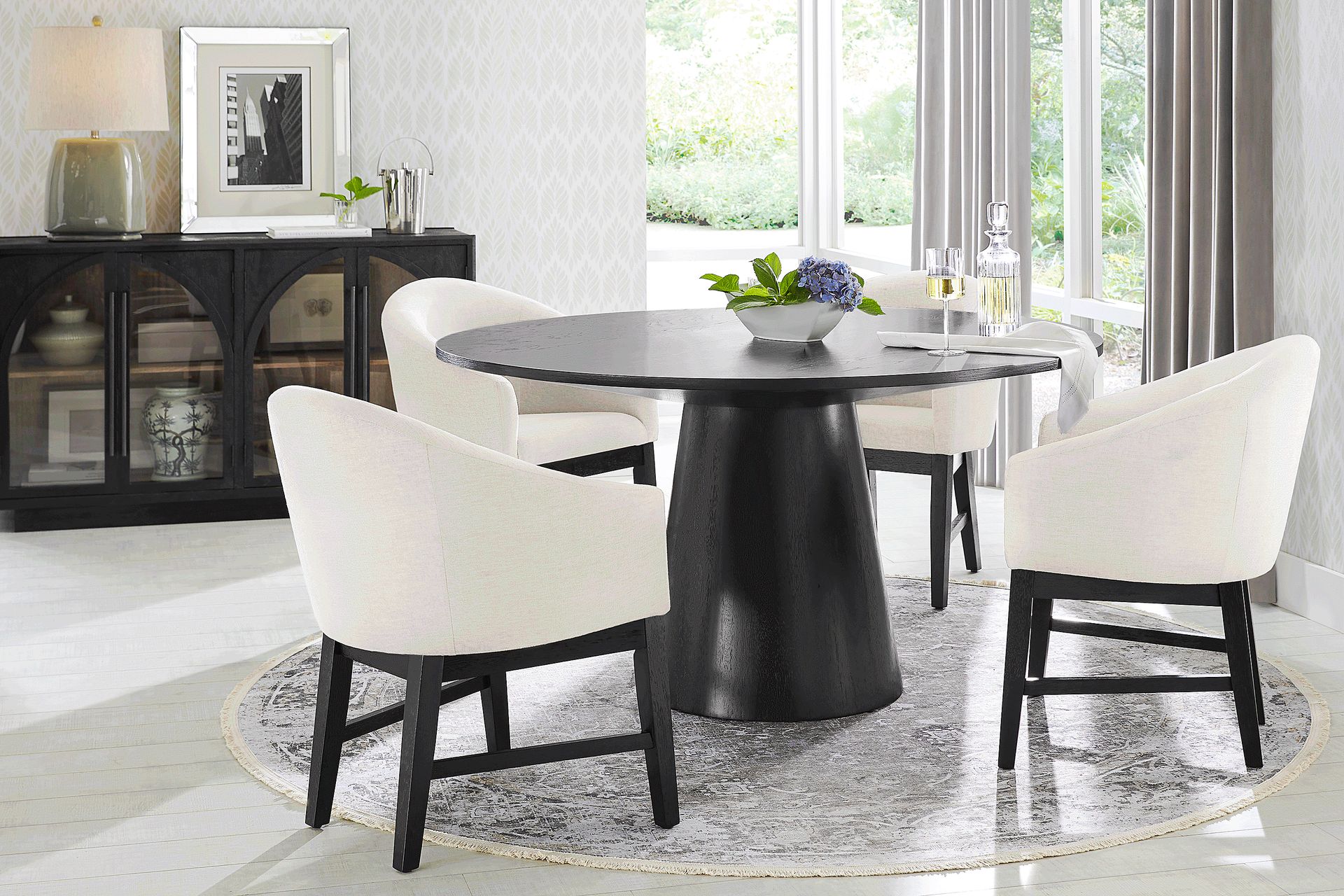 Kendall Black 5 Pc 59" Round Dining Room with White Arm Chairs - Image 1