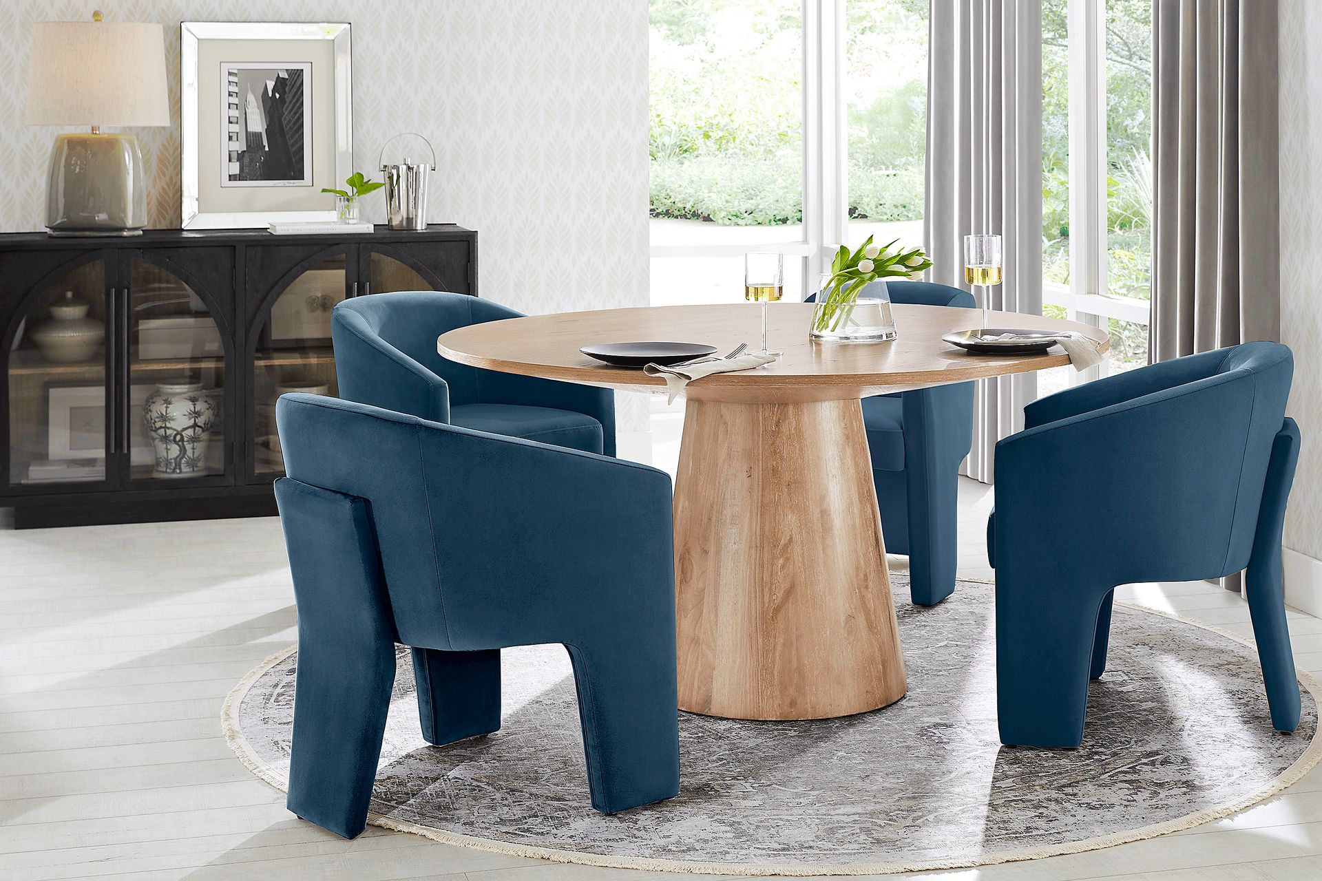 Kendall Natural 5 Pc 59" Round Dining Room with Blue Arm Chairs - Image 1