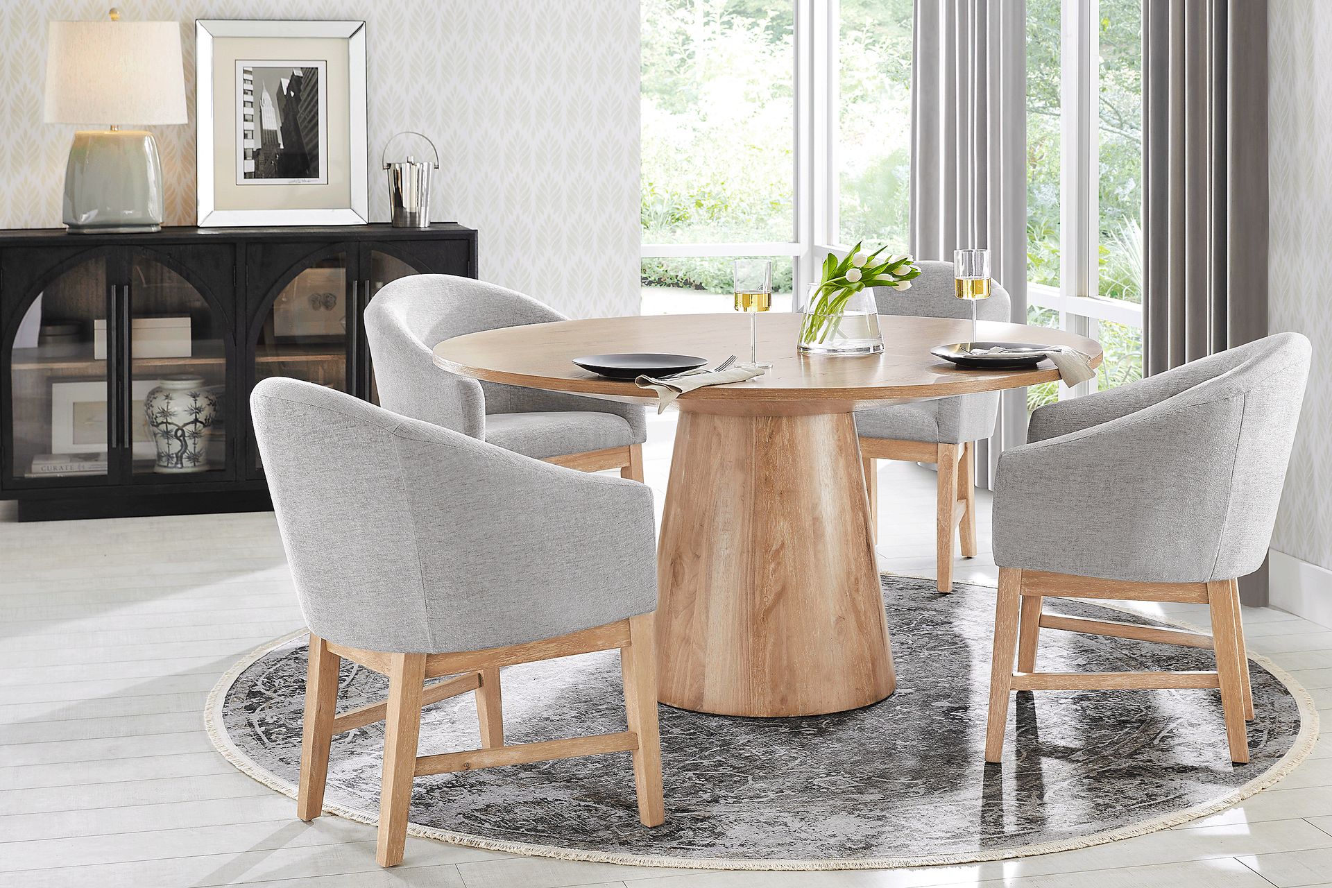 Kendall Natural 5 Pc 59" Round Dining Room with Gray Arm Chairs - Image 1