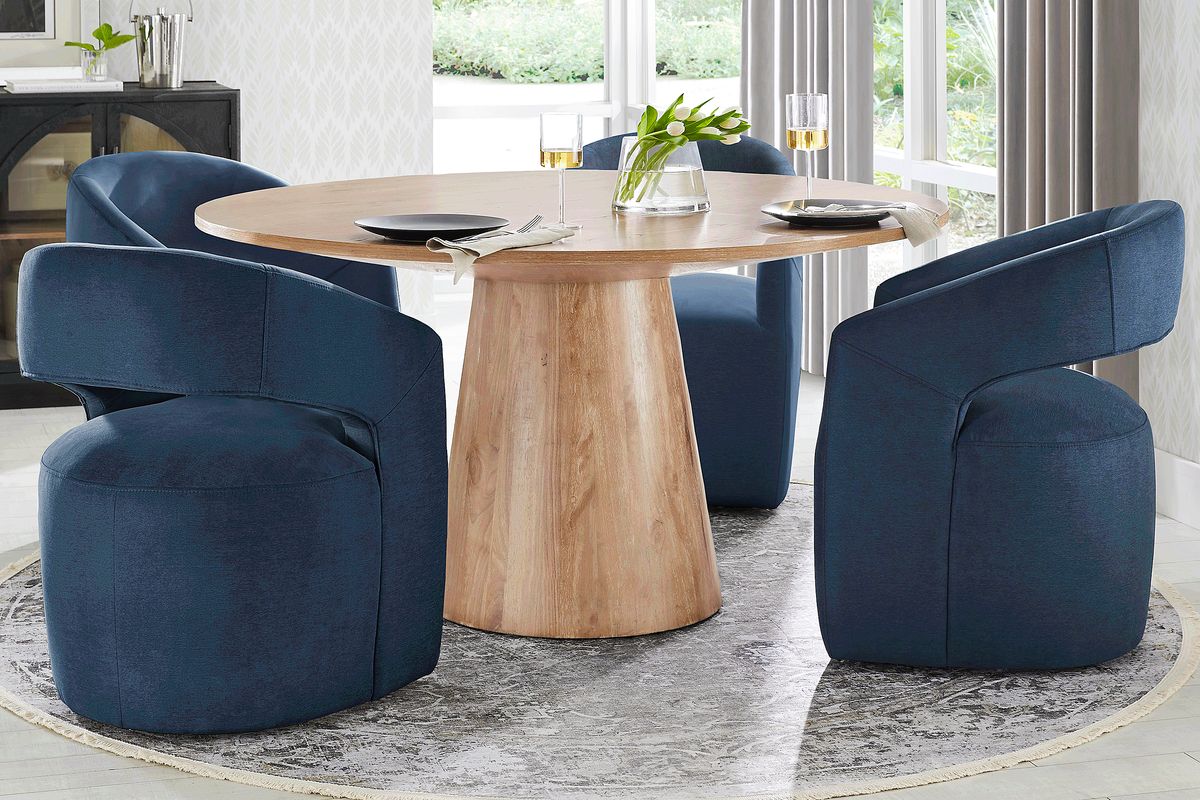 Kendall 5 Pc Natural Light Wood Navy Blue Dining Room Set With 59
