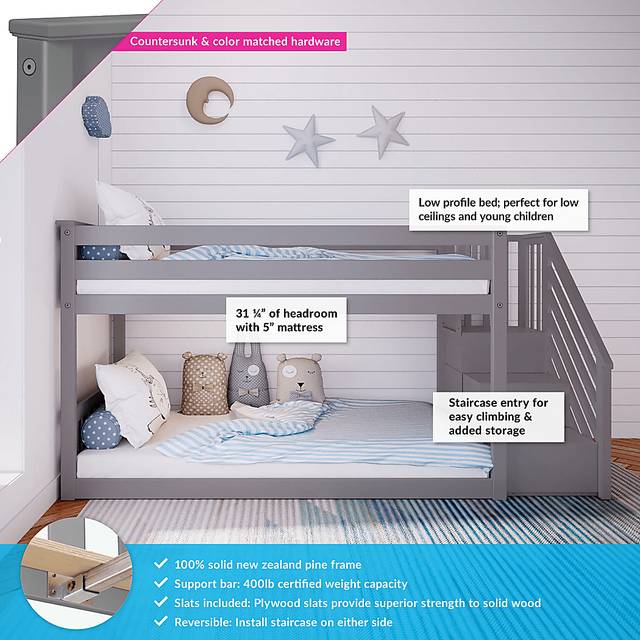 Kids Alejo Gray Twin/Twin Low Bunk Bed with Staircase - Thumbnail - Image 2