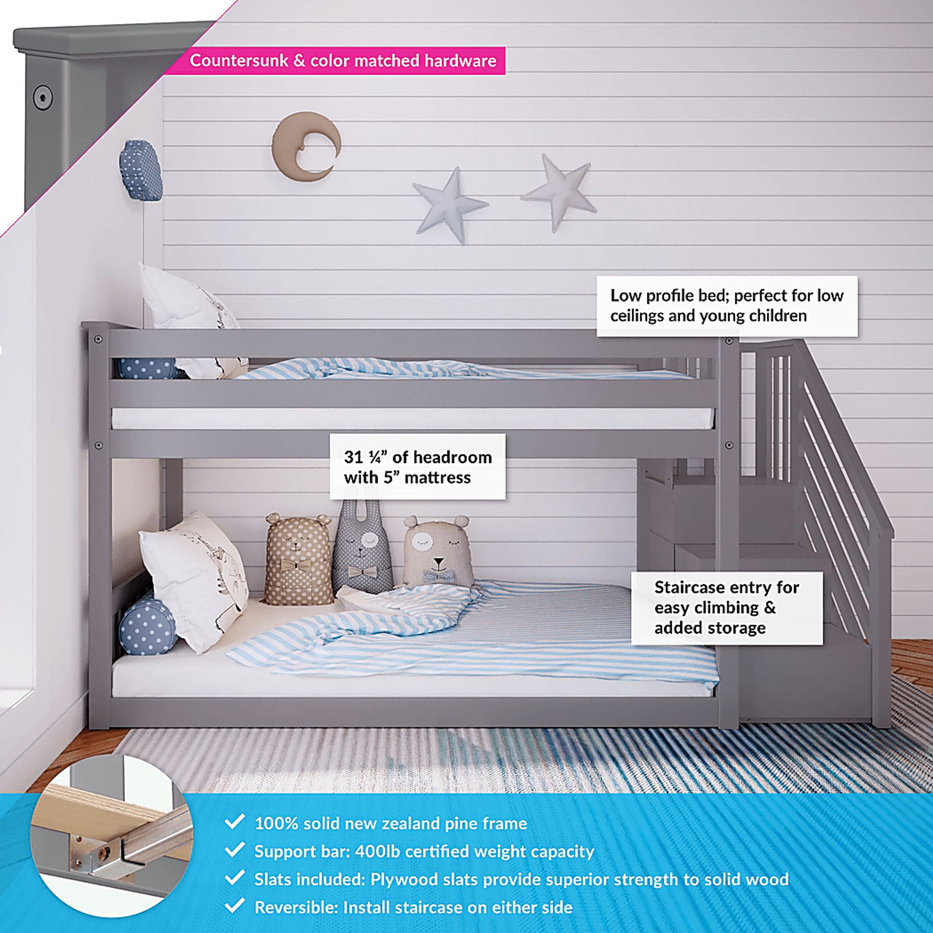 Kids Alejo Gray Twin/Twin Low Bunk Bed with Staircase - Image 2