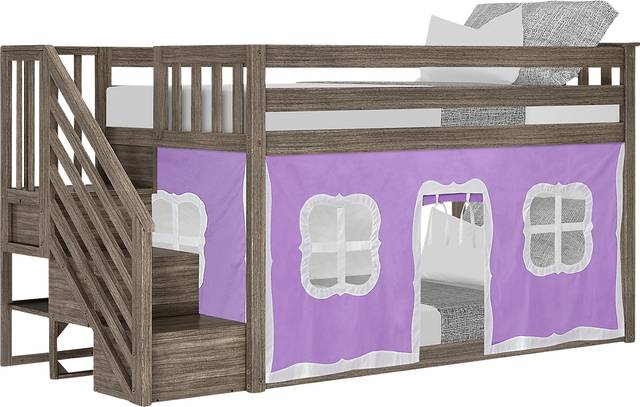 Kids Alekos Brown Twin/Twin Low Bunk Bed with Staircase and Purple Tent - Thumbnail - Image 2