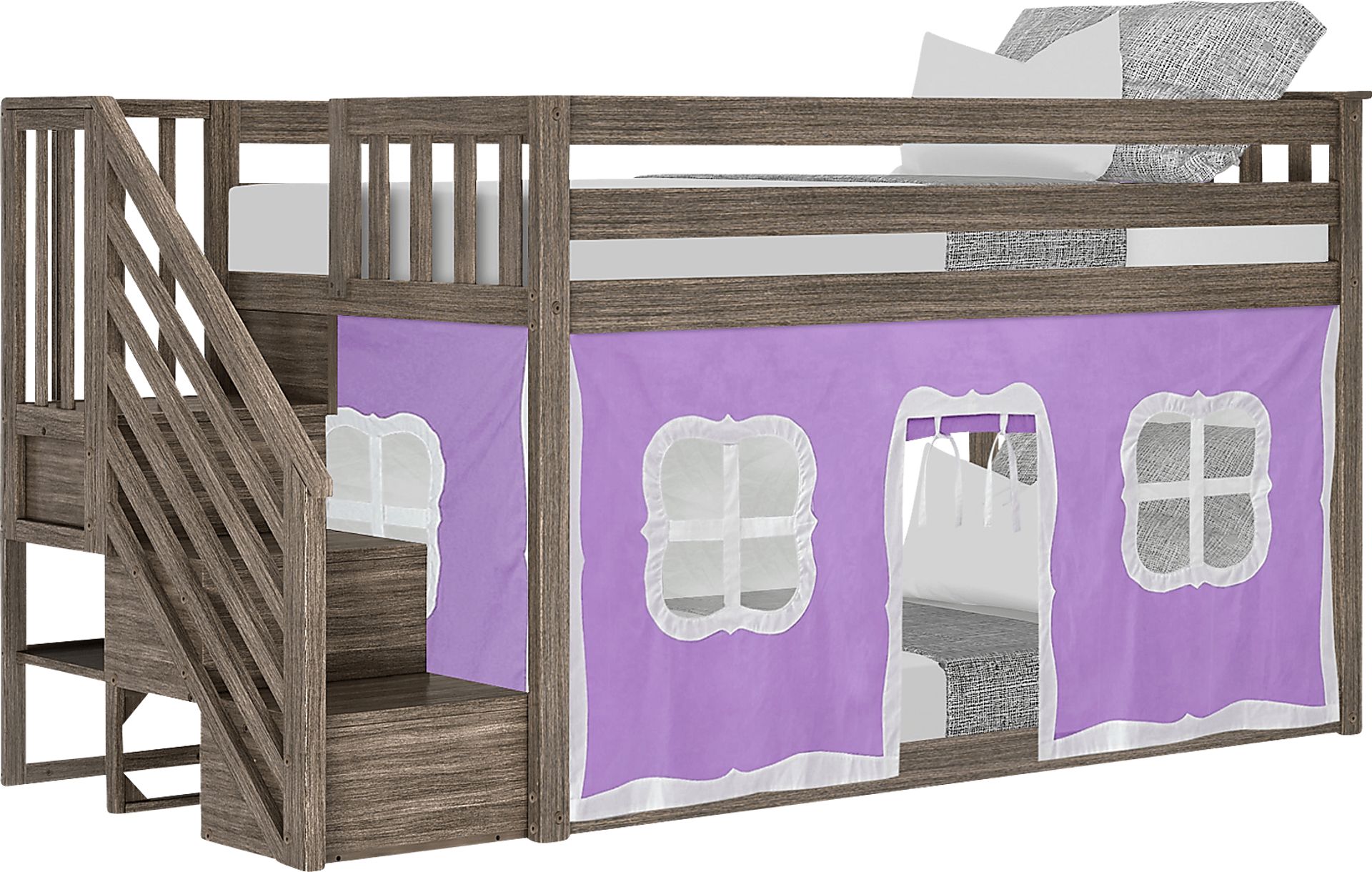 Kids Alekos Brown Twin/Twin Low Bunk Bed with Staircase and Purple Tent - Image 2