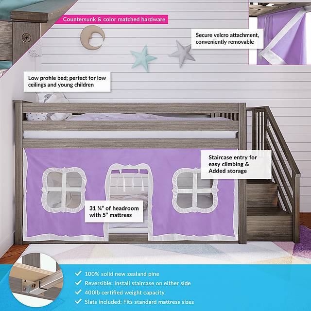 Kids Alekos Brown Twin/Twin Low Bunk Bed with Staircase and Purple Tent - Thumbnail - Image 3