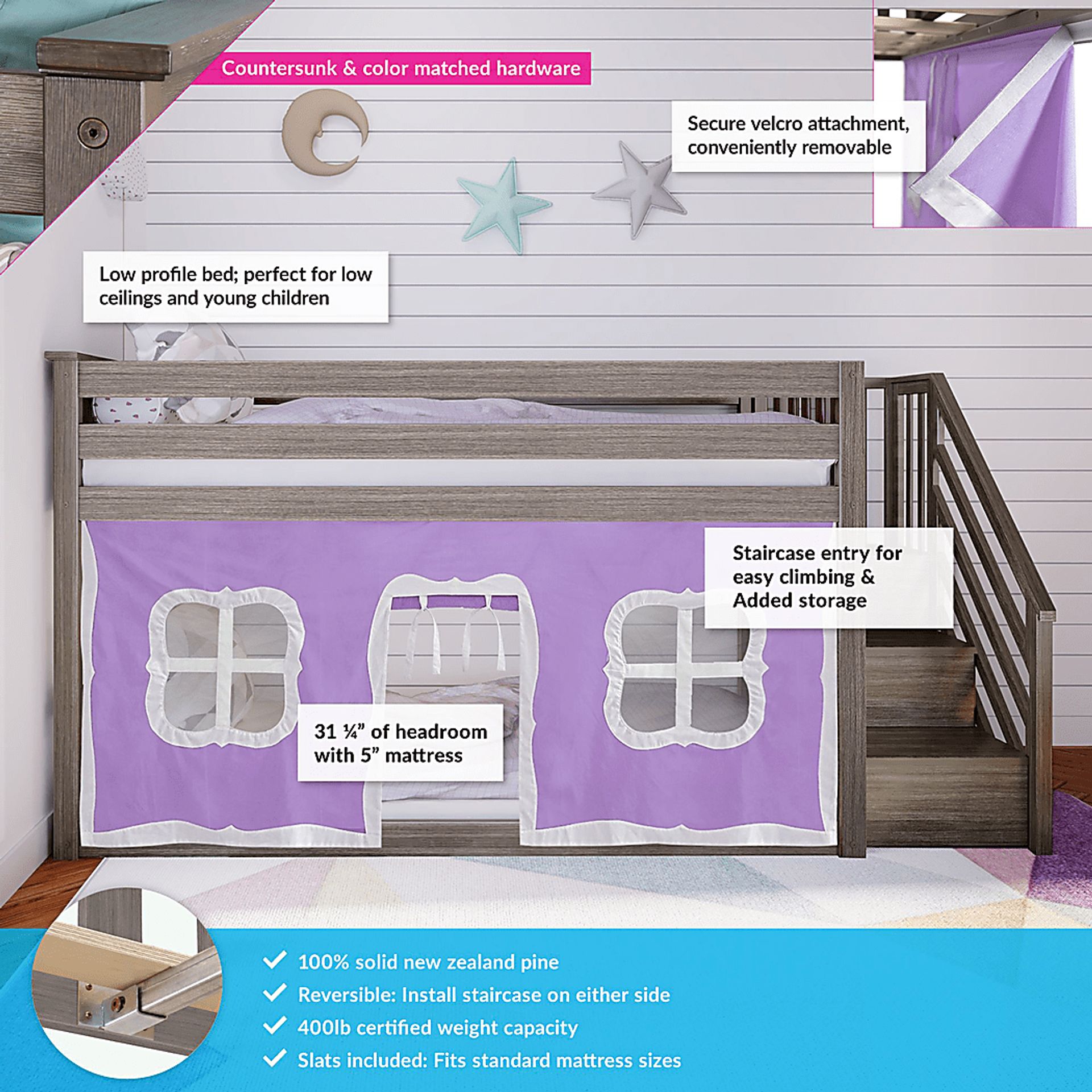 Kids Alekos Brown Twin/Twin Low Bunk Bed with Staircase and Purple Tent - Image 3