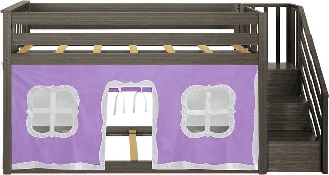 Kids Alekos Brown Twin/Twin Low Bunk Bed with Staircase and Purple Tent - Thumbnail - Image 4