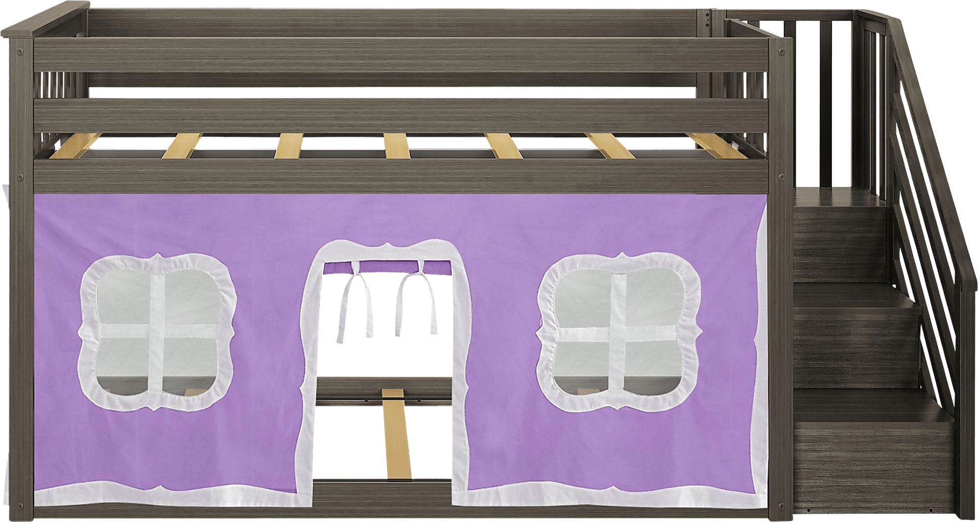 Kids Alekos Brown Twin/Twin Low Bunk Bed with Staircase and Purple Tent - Image 4