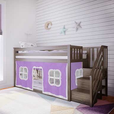 Kids Alekos Brown Twin/Twin Low Bunk Bed with Staircase and Purple Tent