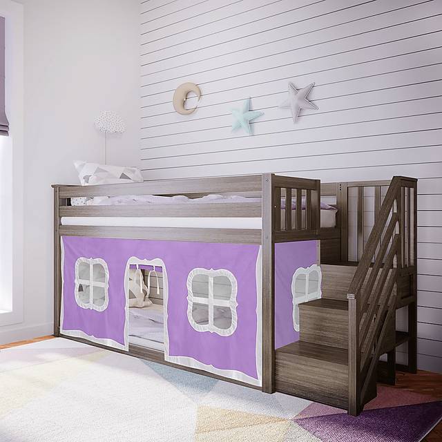 Kids Alekos Brown Twin/Twin Low Bunk Bed with Staircase and Purple Tent - Thumbnail - Image 1