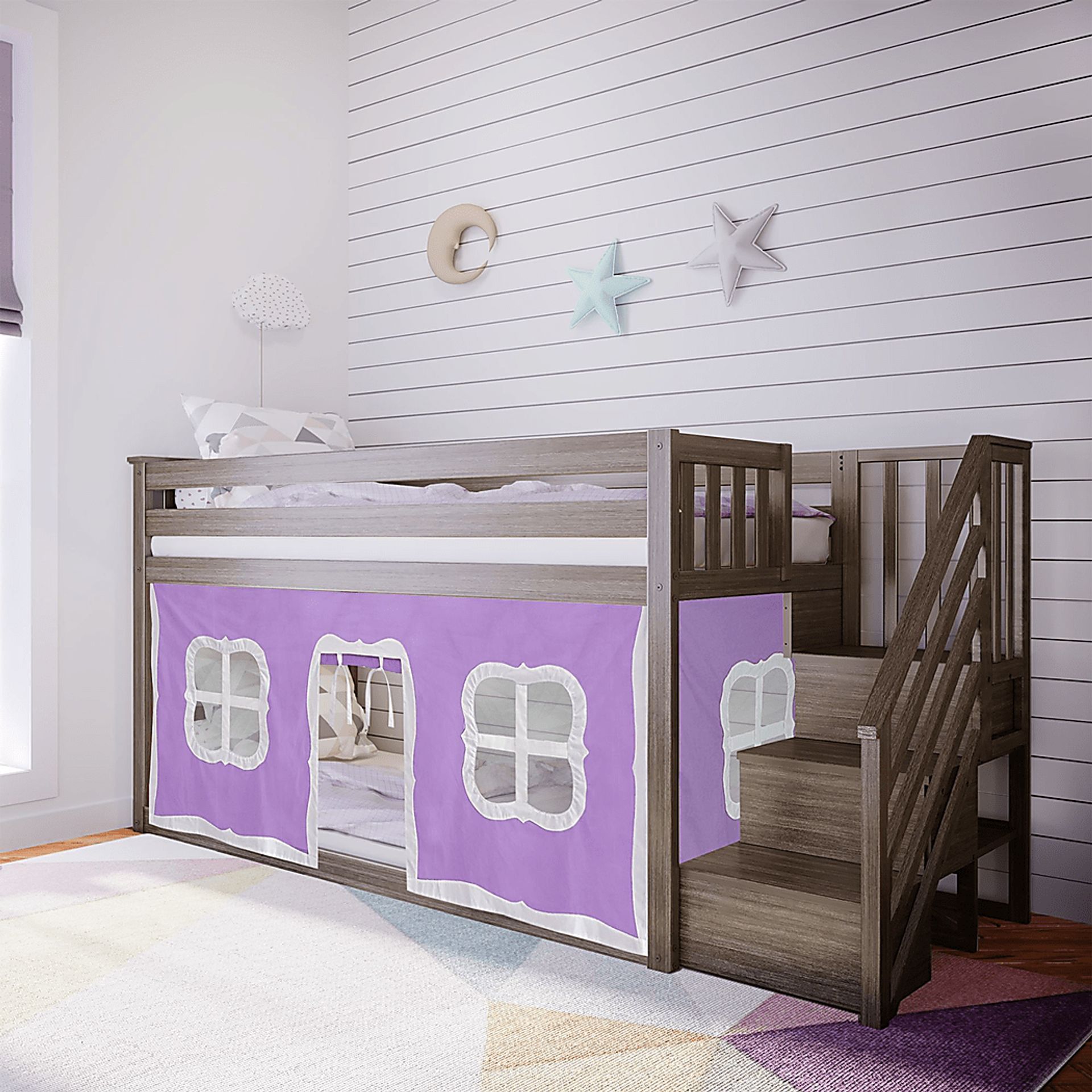 Kids Alekos Brown Twin/Twin Low Bunk Bed with Staircase and Purple Tent - Image 1