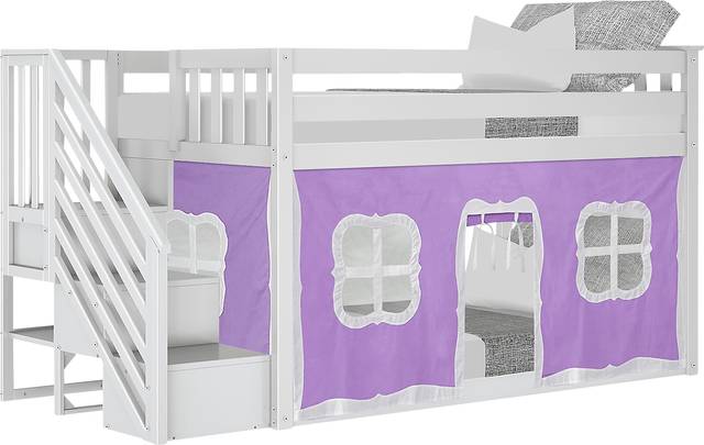 Kids Alekos White Twin/Twin Low Bunk Bed with Staircase and Purple Tent - Thumbnail - Image 2