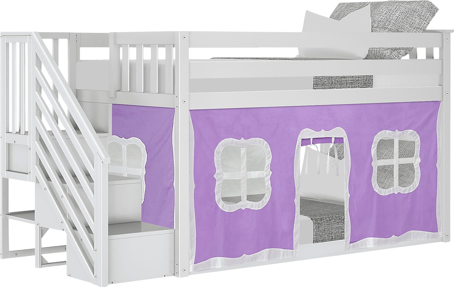 Kids Alekos White Twin/Twin Low Bunk Bed with Staircase and Purple Tent - Image 2