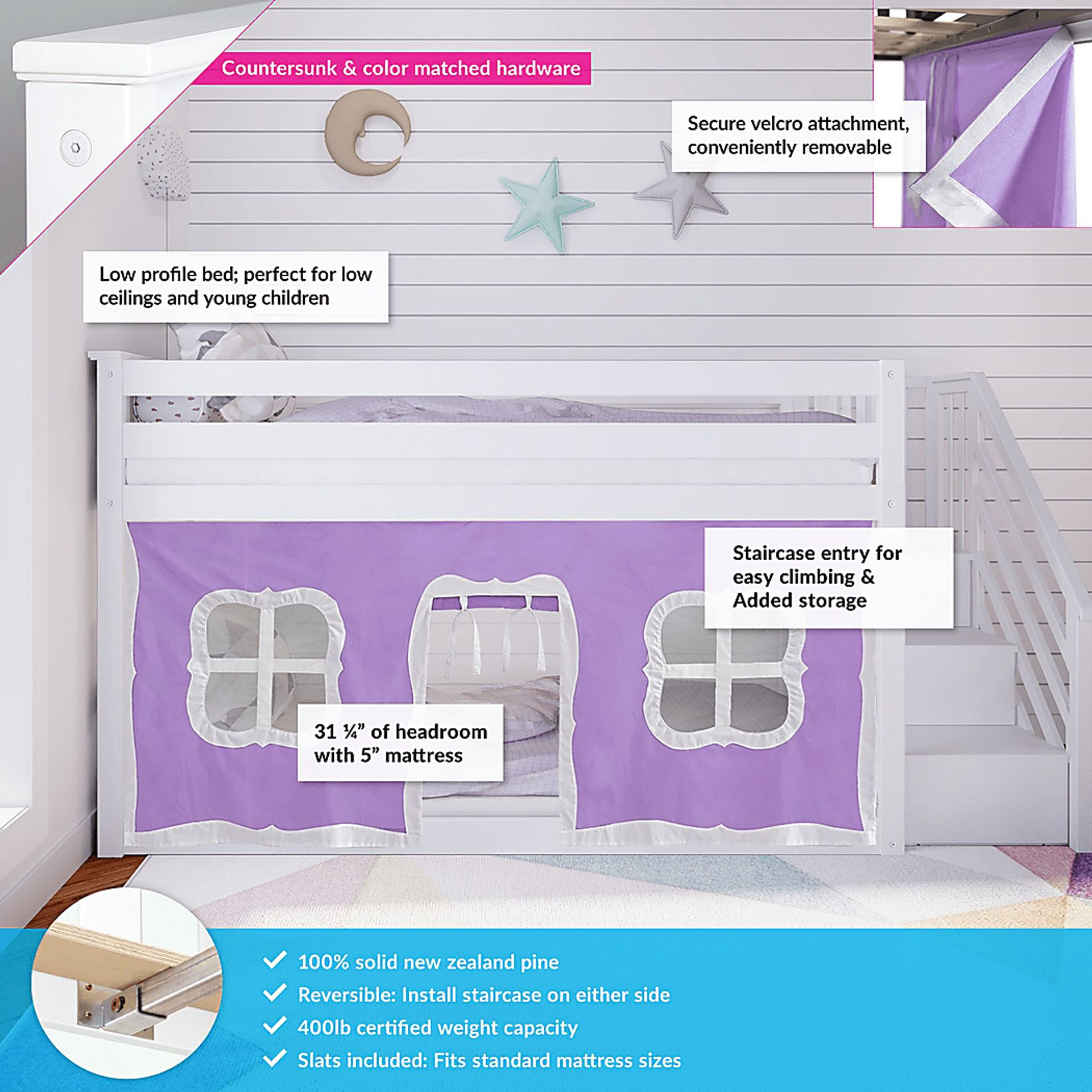 Kids Alekos White Twin/Twin Low Bunk Bed with Staircase and Purple Tent - Image 3