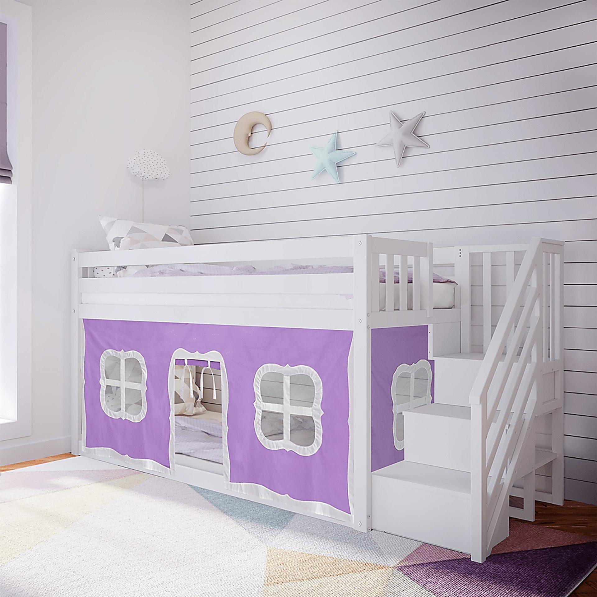Kids Alekos White Twin/Twin Low Bunk Bed with Staircase and Purple Tent