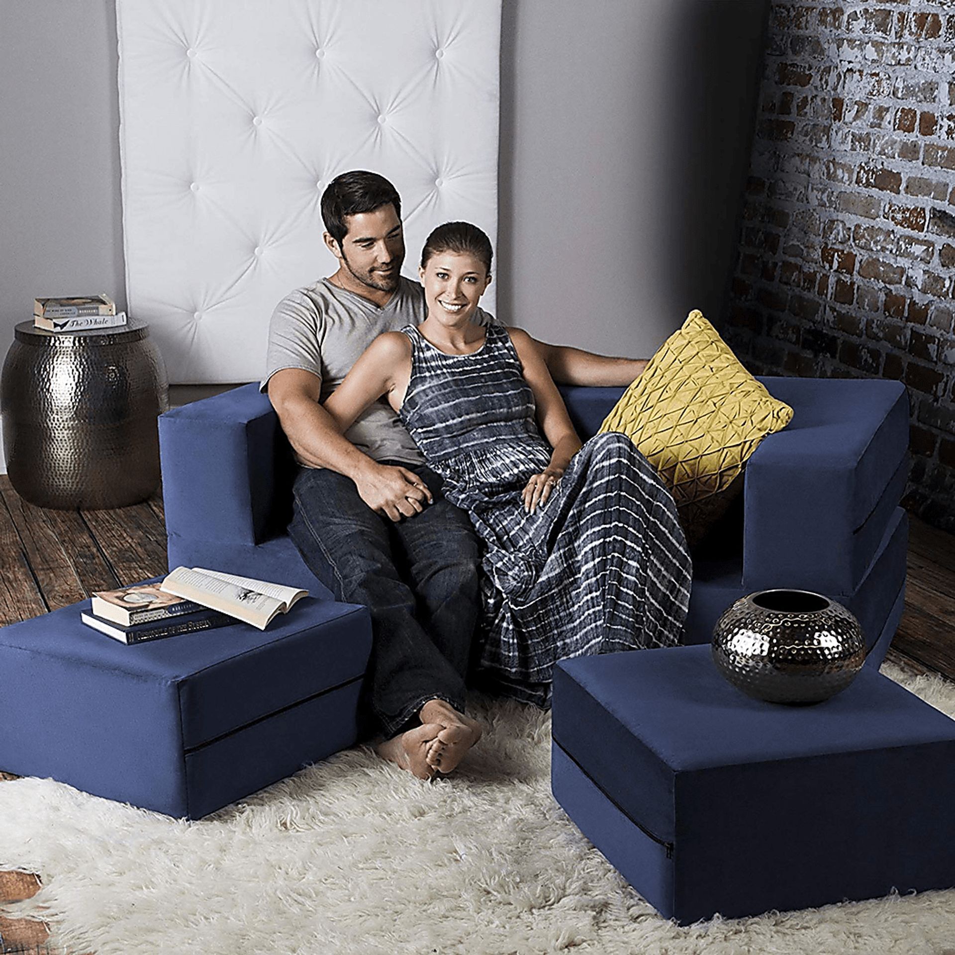 Alfy Blue Convertible Loveseat and Ottomans - Image 4
