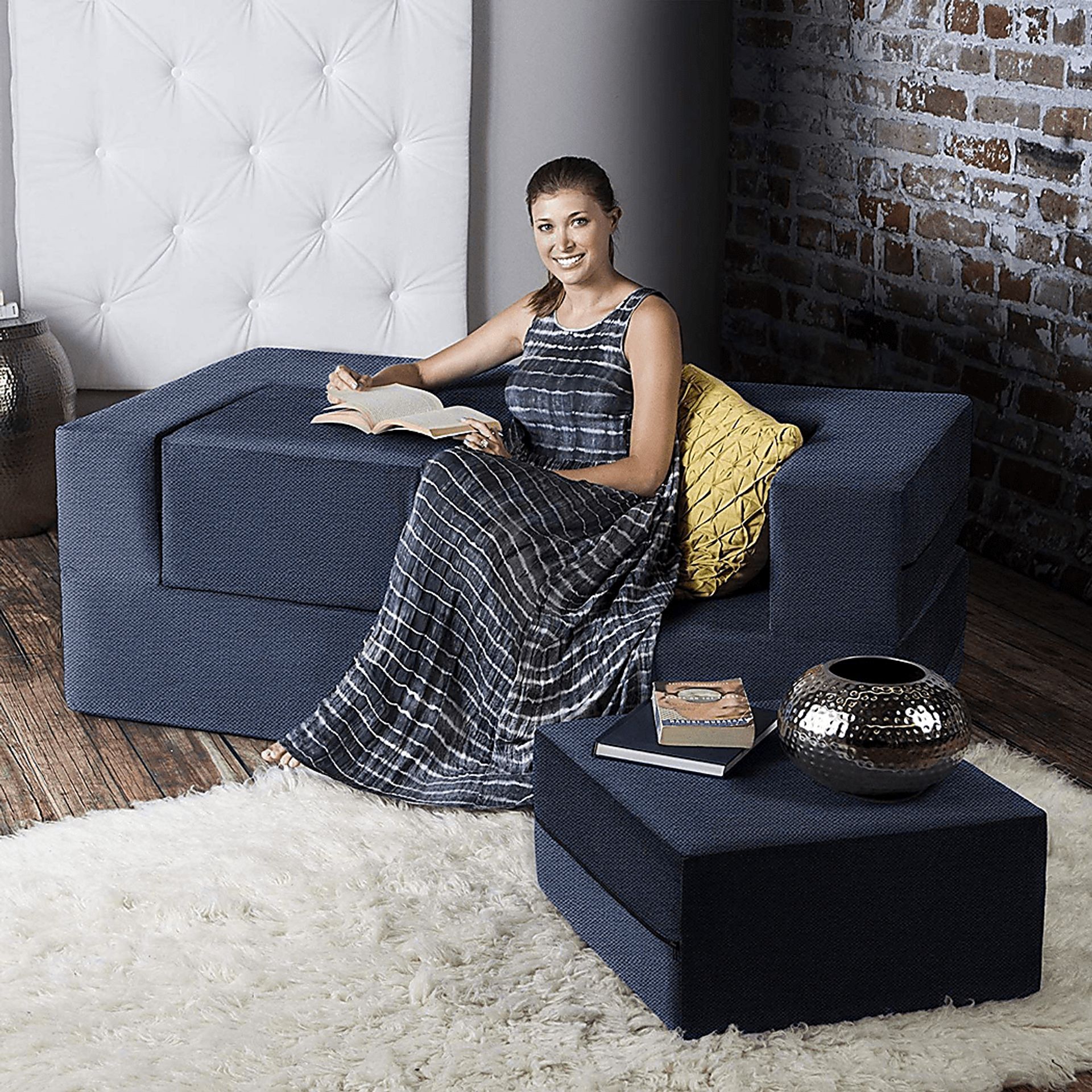 Alfy Blue Convertible Loveseat and Ottomans - Image 5