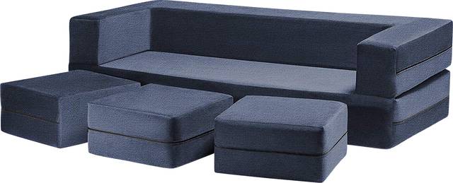 Alfy Blue Convertible Sofa and Ottomans - Thumbnail - Image 2