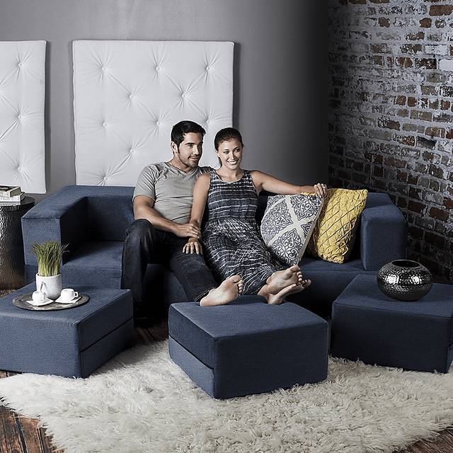 Alfy Blue Convertible Sofa and Ottomans - Thumbnail - Image 5