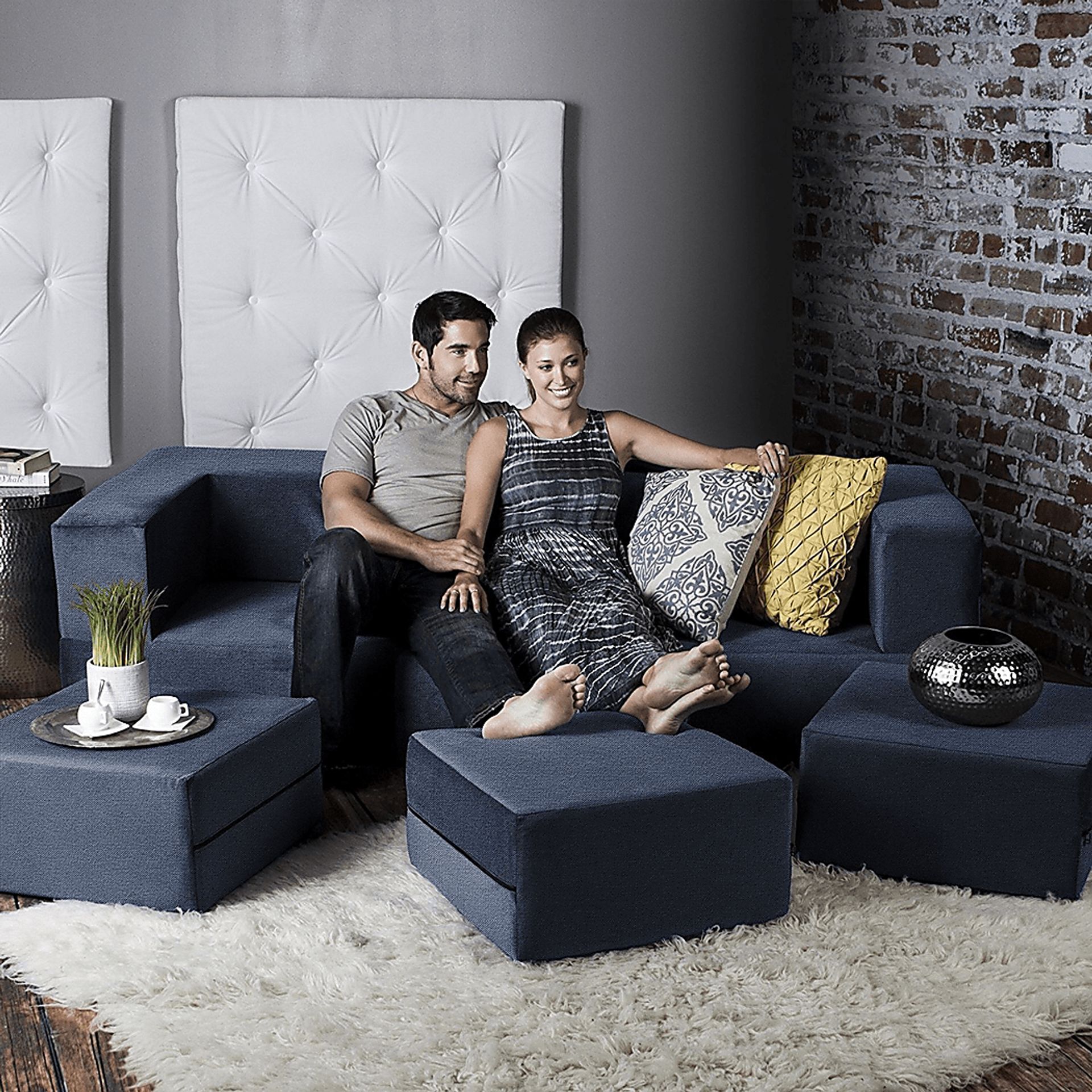 Alfy Blue Convertible Sofa and Ottomans - Image 5