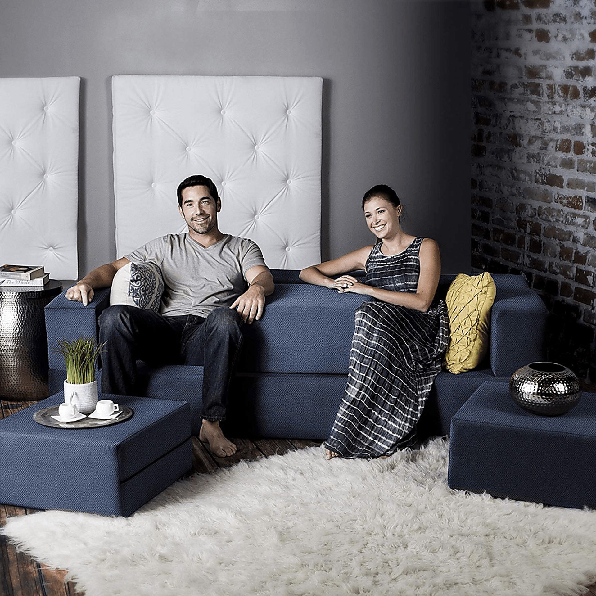 Alfy Blue Convertible Sofa and Ottomans - Image 6