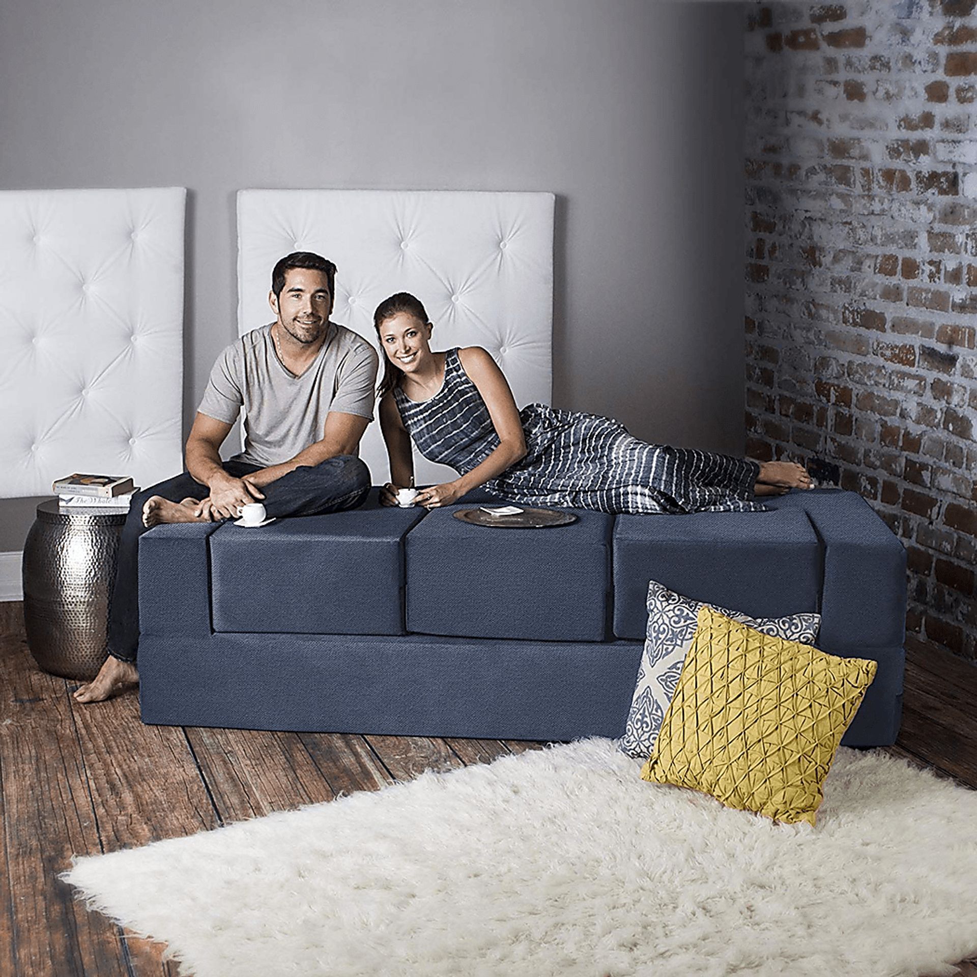 Alfy Blue Convertible Sofa and Ottomans - Image 7