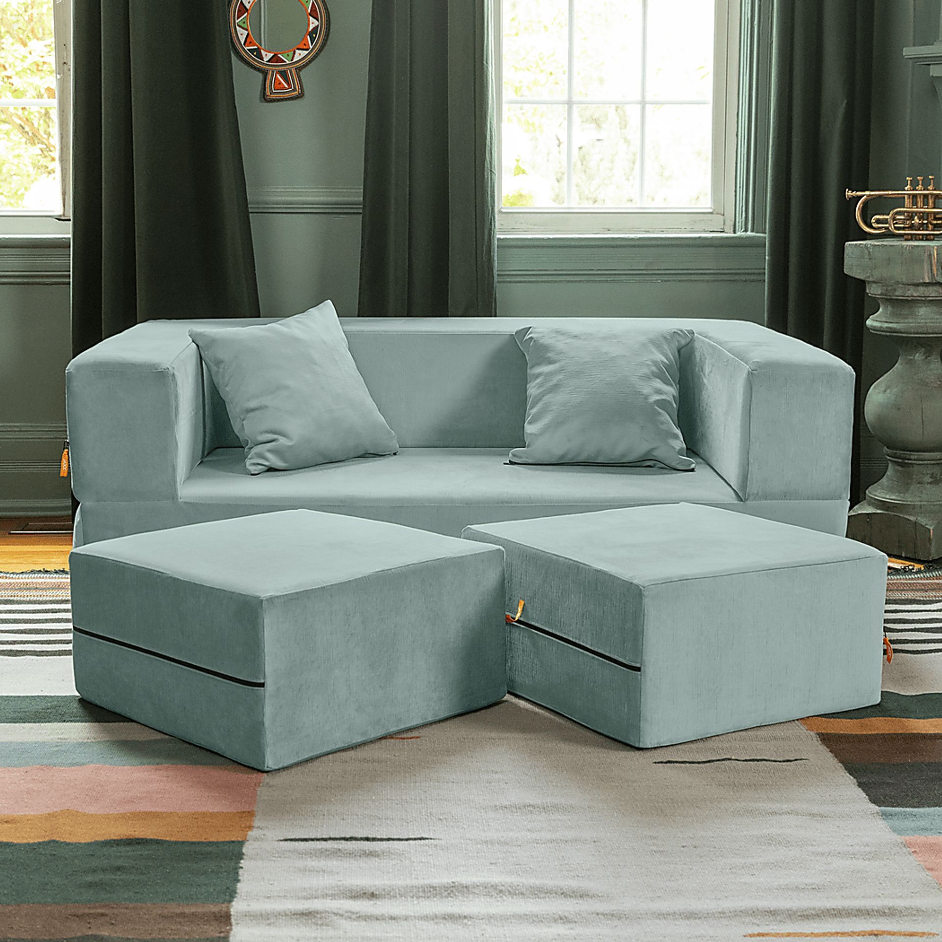 Kids Alfy Blue Loveseat & Ottomans, Set of 2 - Image 2