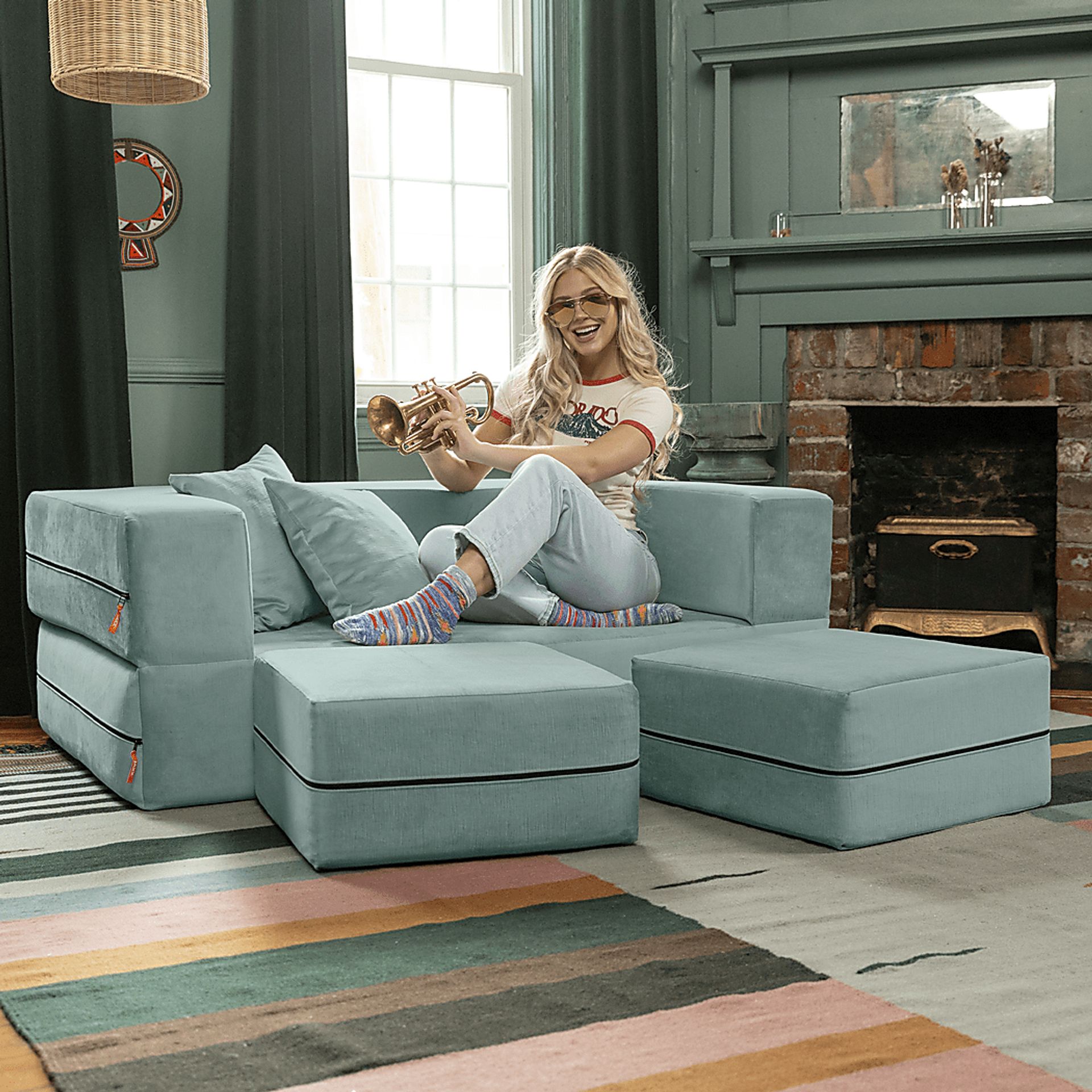 Kids Alfy Blue Loveseat & Ottomans, Set of 2 - Image 3
