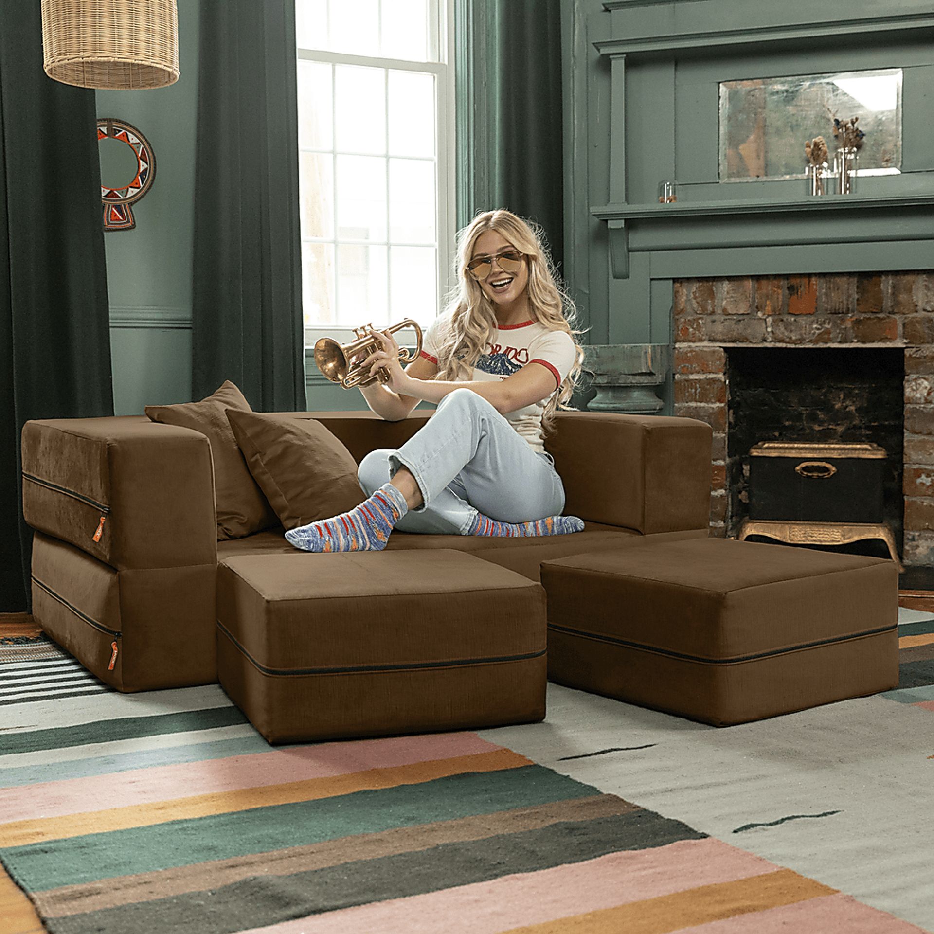 Kids Alfy Brown Loveseat & Ottomans, Set of 3 - Image 3