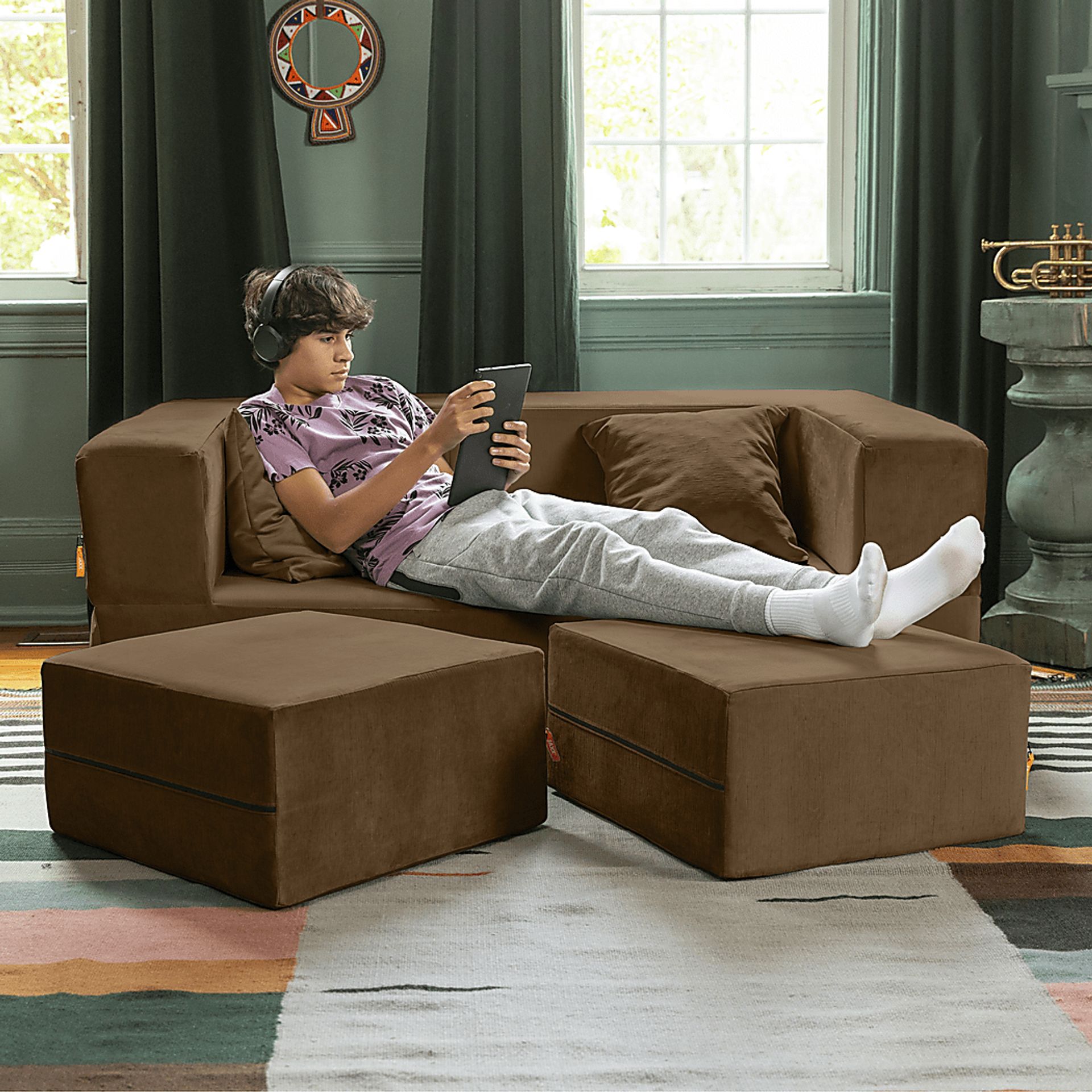 Kids Alfy Brown Loveseat & Ottomans, Set of 3 - Image 4
