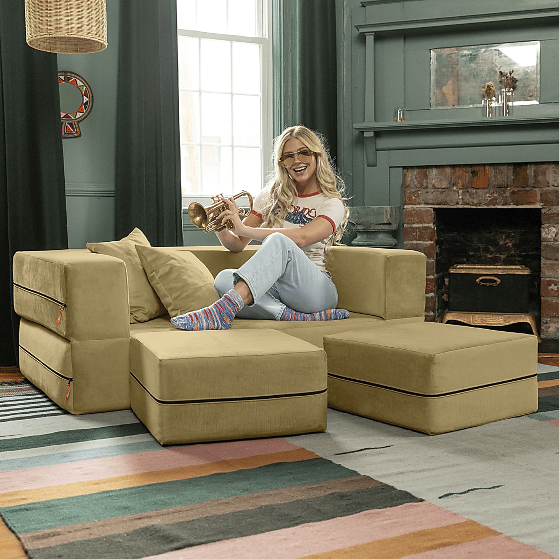 Kids Alfy Camel Loveseat and Ottomans, Set of 3 - Image 3