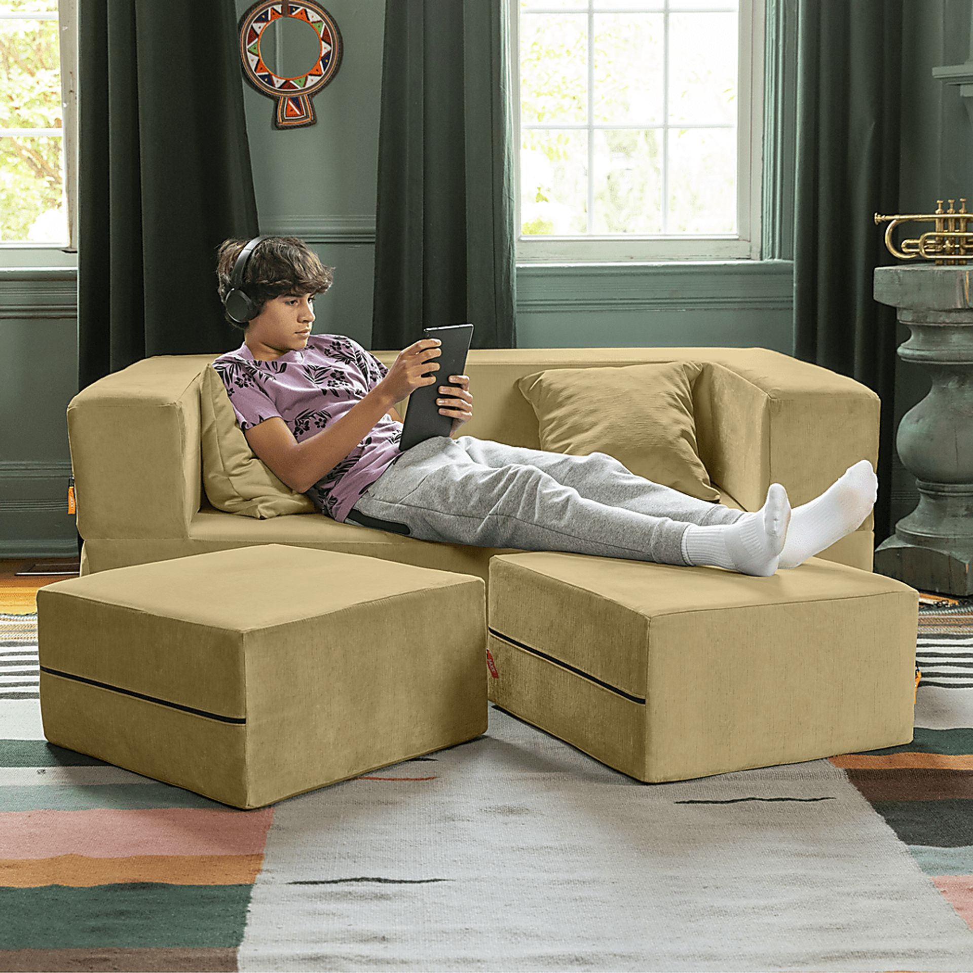 Kids Alfy Camel Loveseat and Ottomans, Set of 3 - Image 4