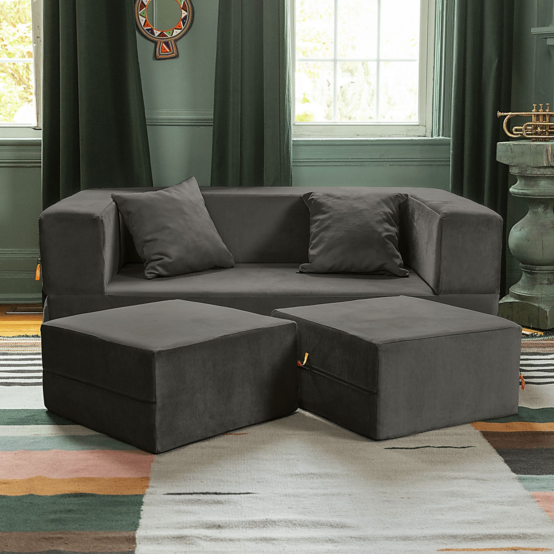 Kids Alfy Charcoal Loveseat and Ottomans, Set of 3 - Image 2