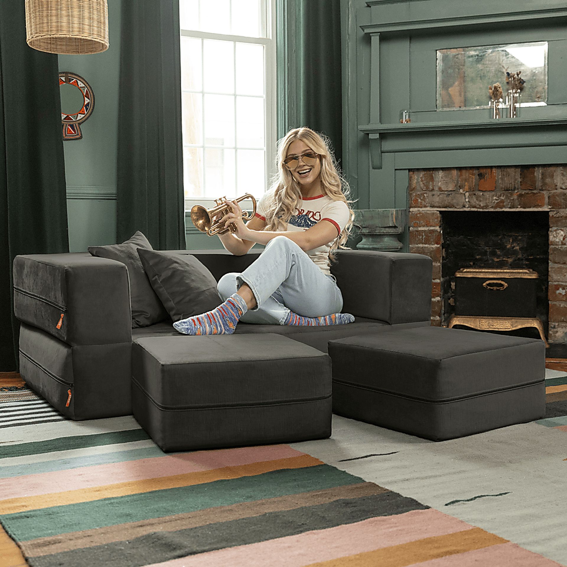 Kids Alfy Charcoal Loveseat and Ottomans, Set of 3 - Image 3