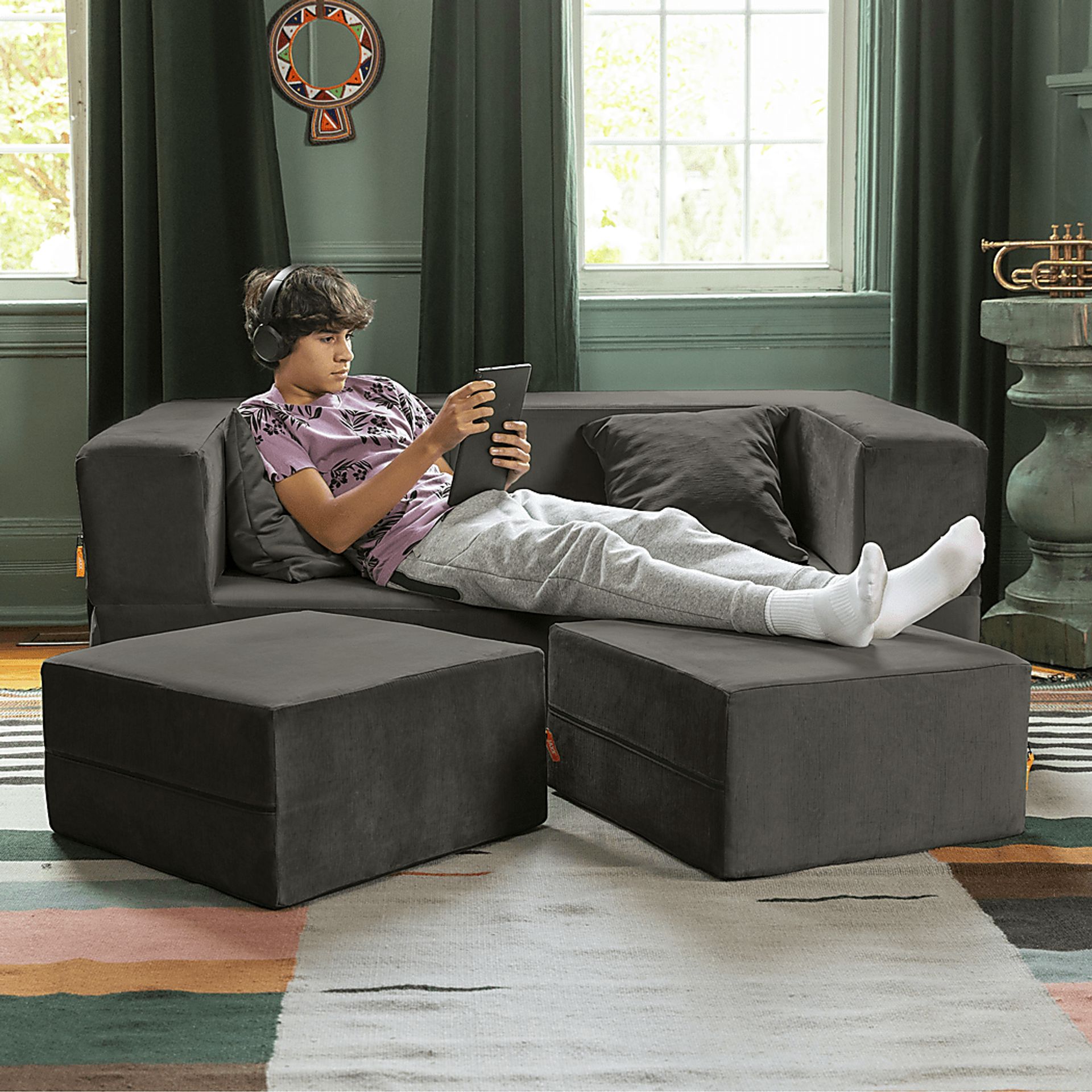 Kids Alfy Charcoal Loveseat and Ottomans, Set of 3 - Image 4