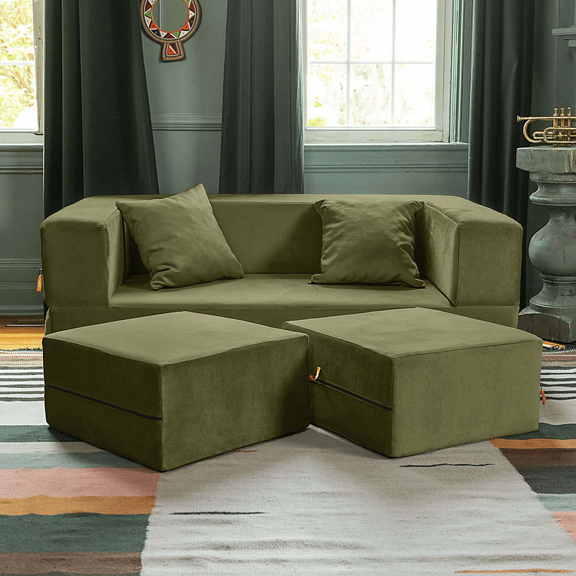 Kids Alfy Green Loveseat & Ottomans, Set of 3 - Image 2