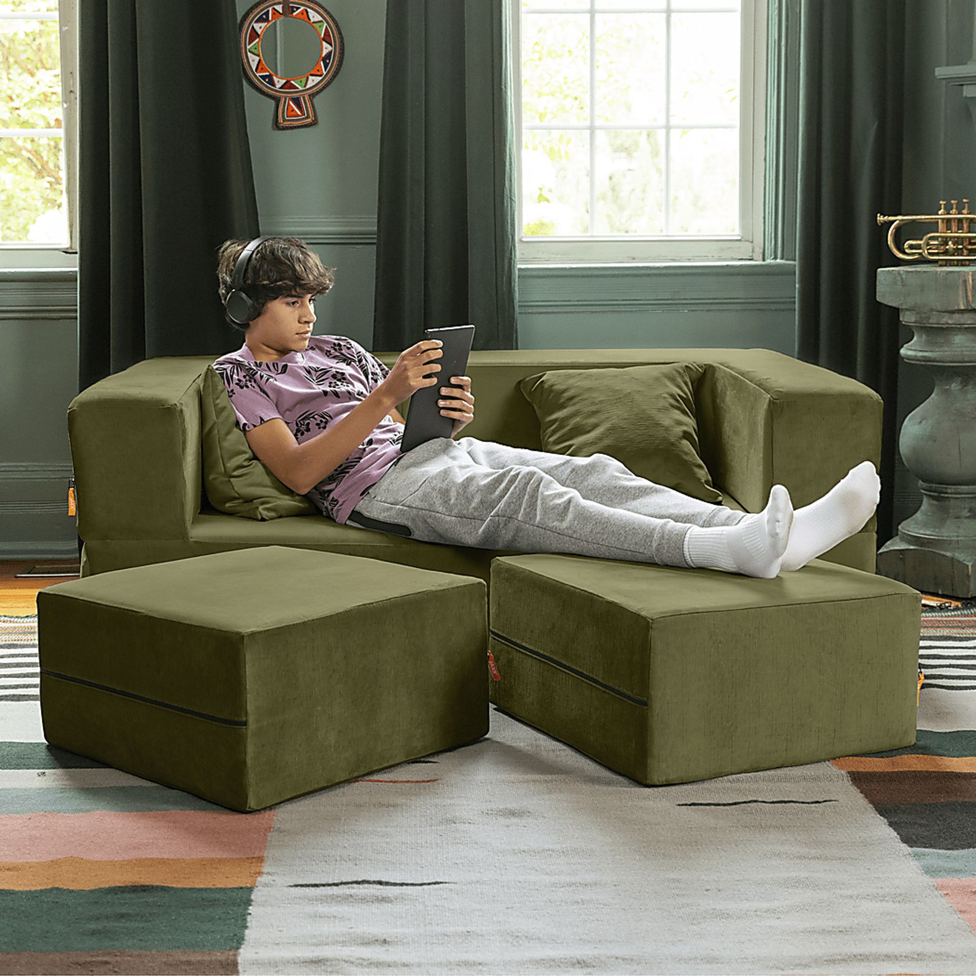 Kids Alfy Green Loveseat & Ottomans, Set of 3 - Image 4