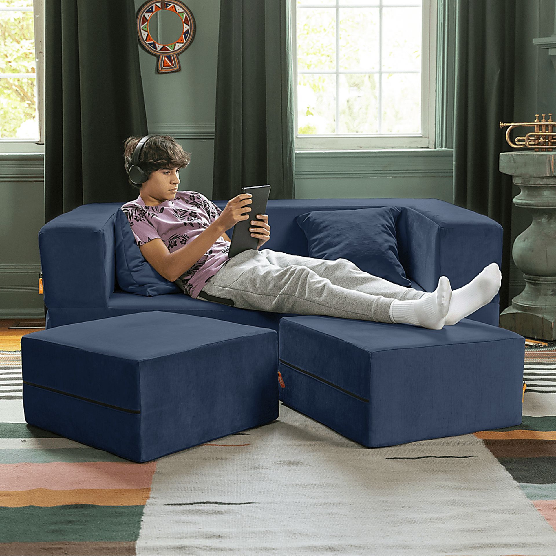 Kids Alfy Indigo Loveseat & Ottomans, Set of 3 - Image 4