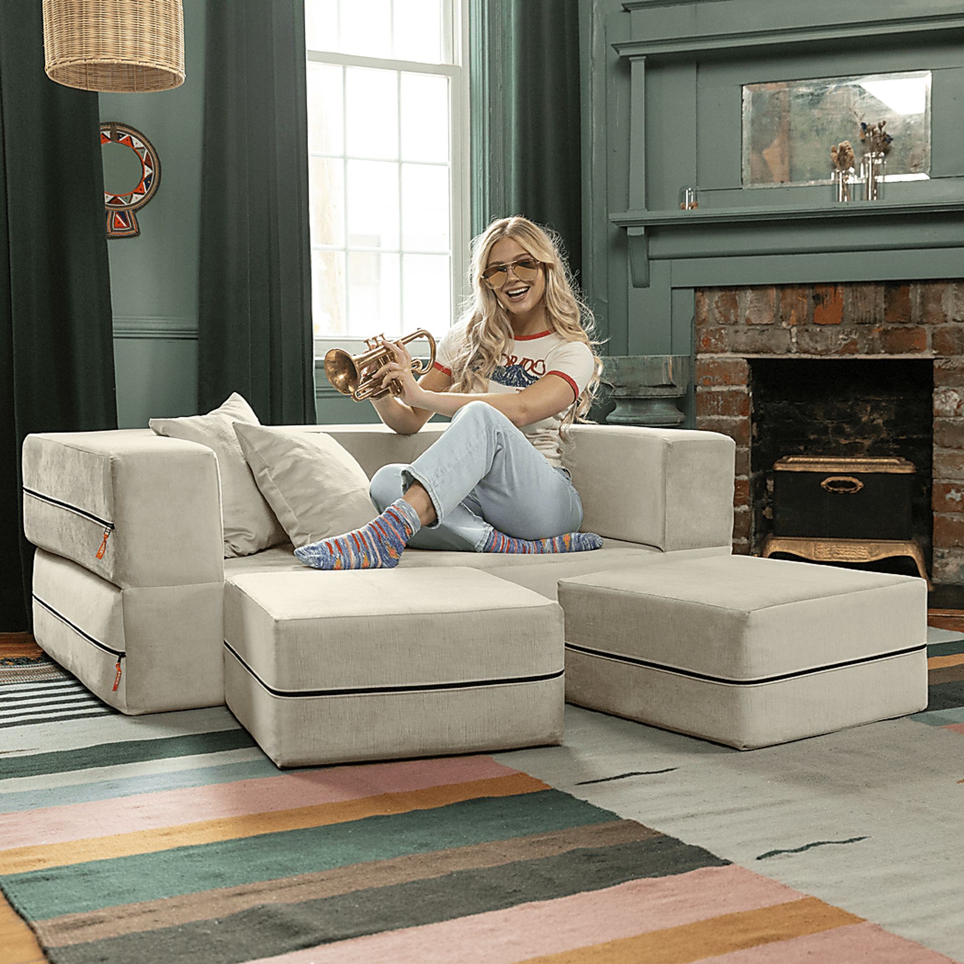 Kids Alfy Ivory Loveseat & Ottomans, Set of 3 - Image 3
