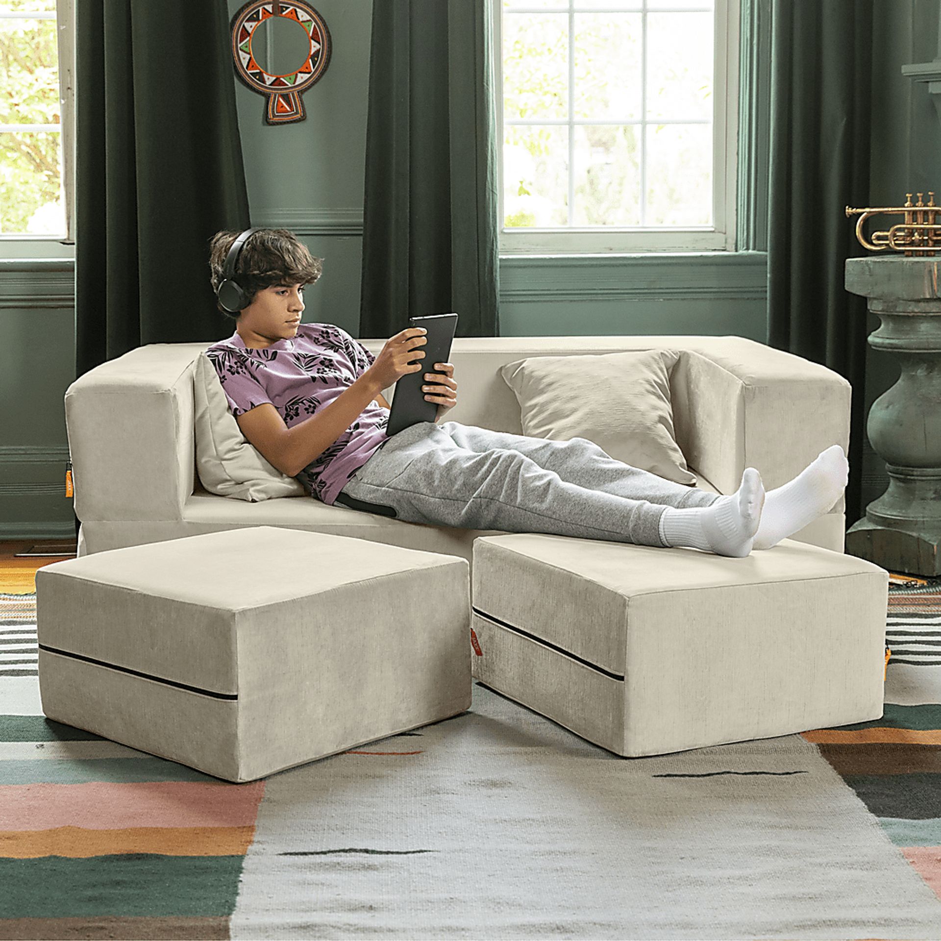 Kids Alfy Ivory Loveseat & Ottomans, Set of 3 - Image 4