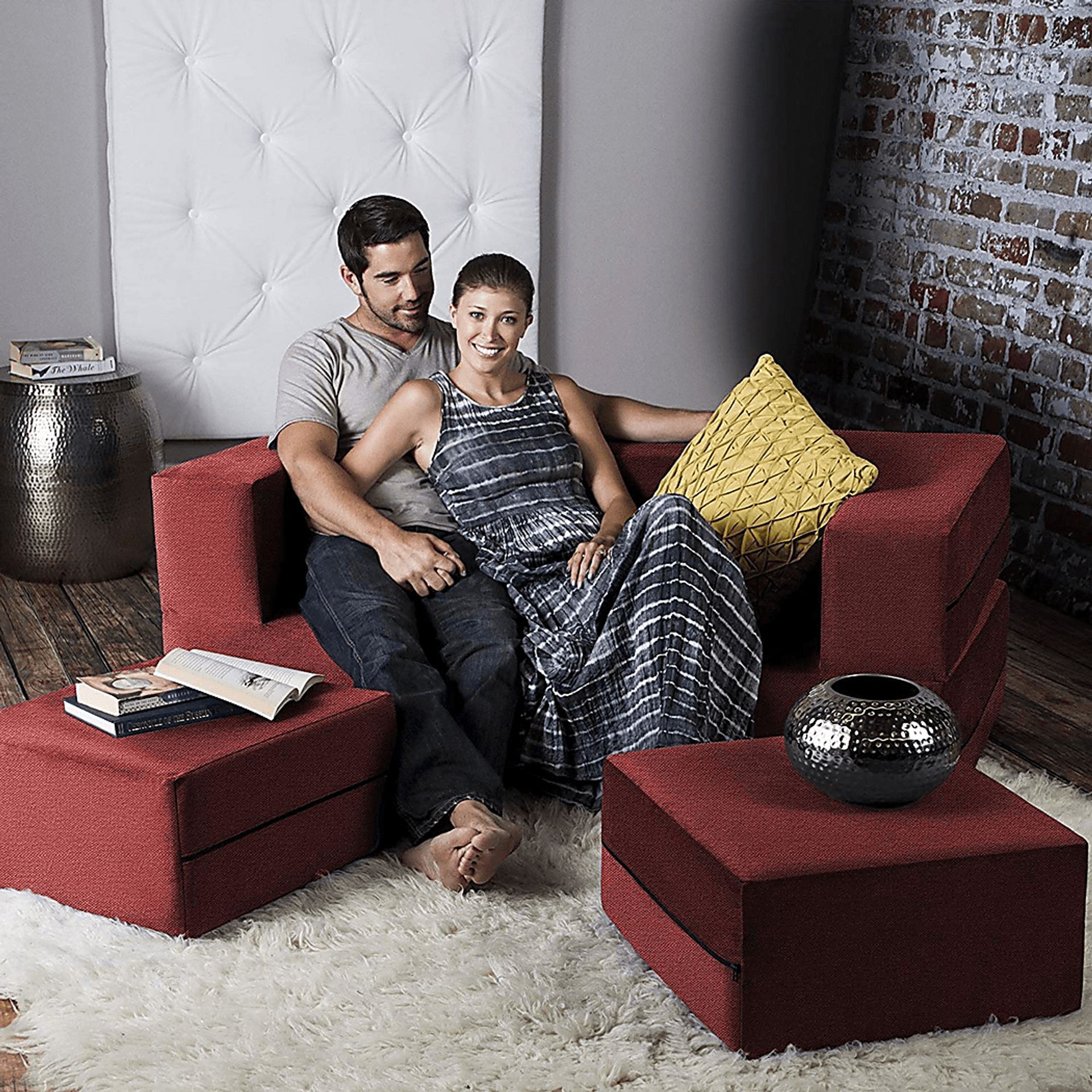 Alfy Red Convertible Loveseat and Ottoman - Image 4