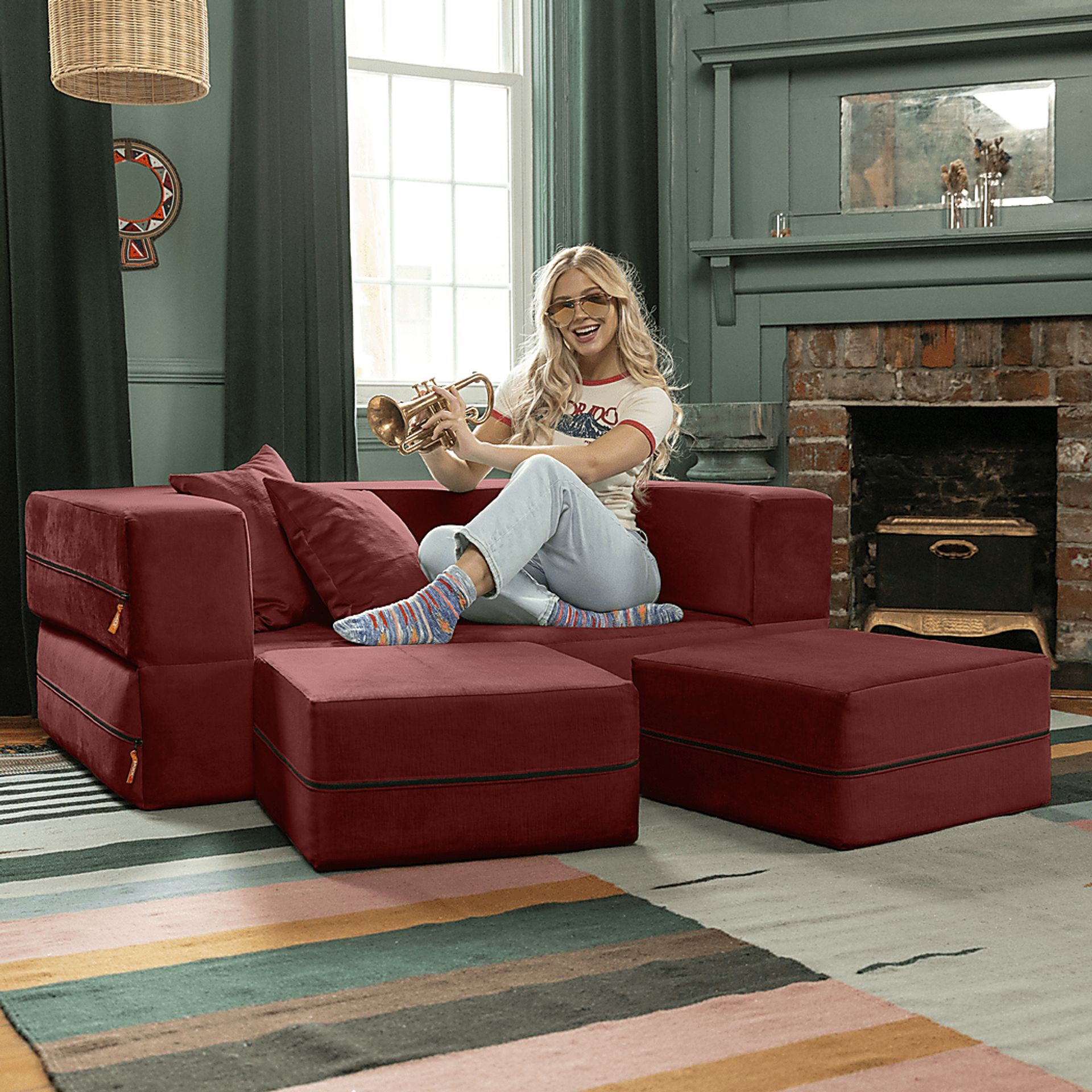 Kids Alfy Red Loveseat & Ottomans, Set of 3 - Image 3