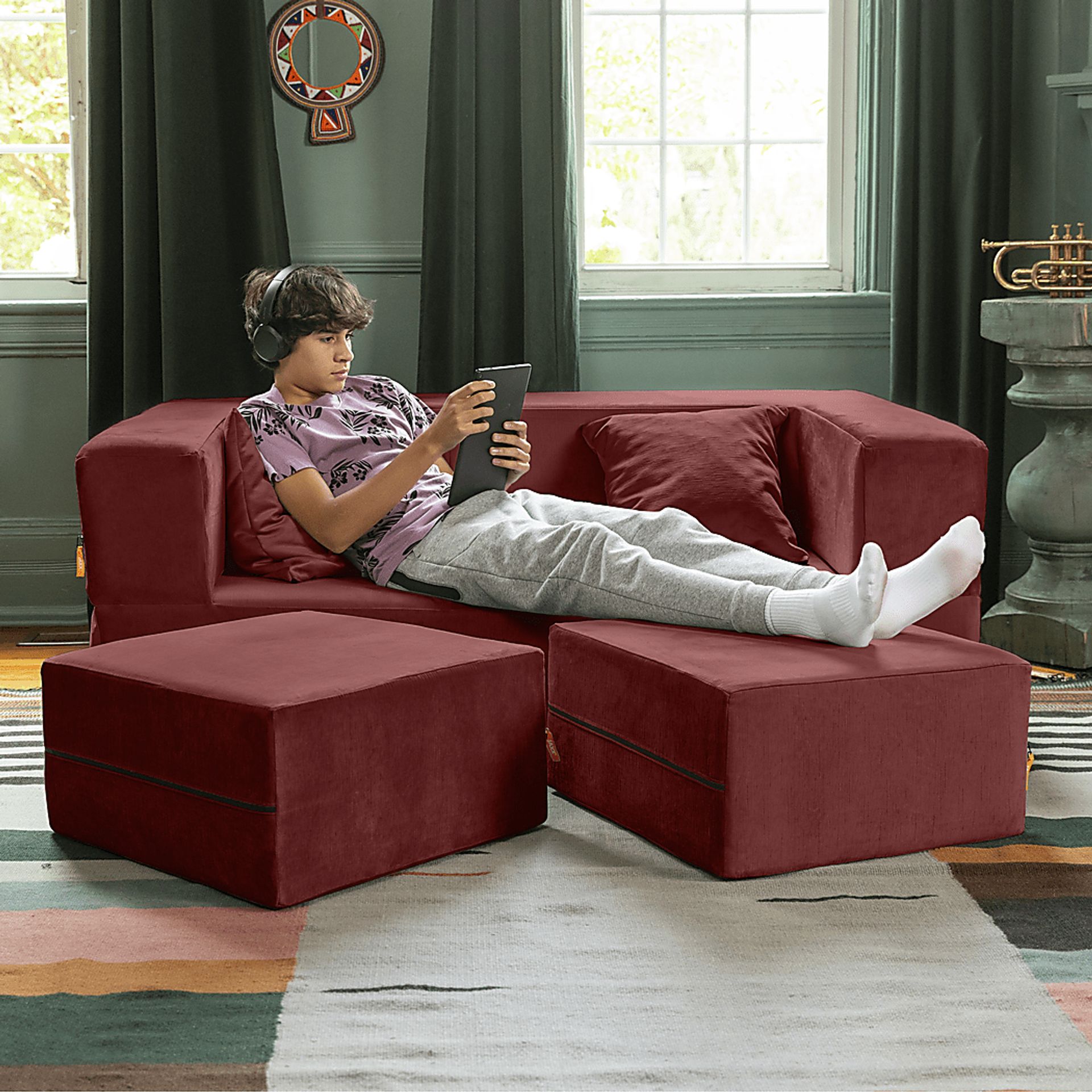Kids Alfy Red Loveseat & Ottomans, Set of 3 - Image 4