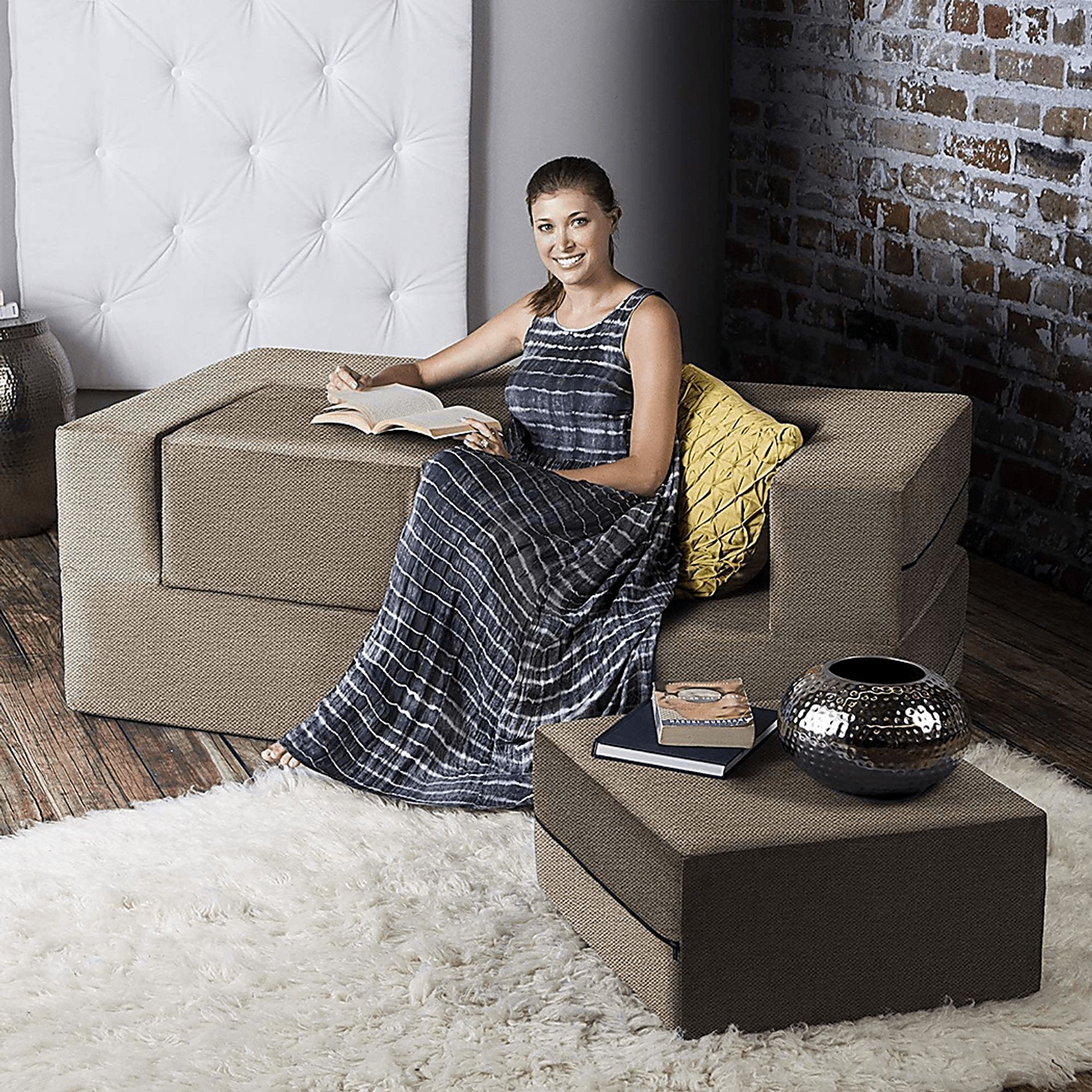 Alfy Tan Convertible Loveseat and Ottoman - Image 5