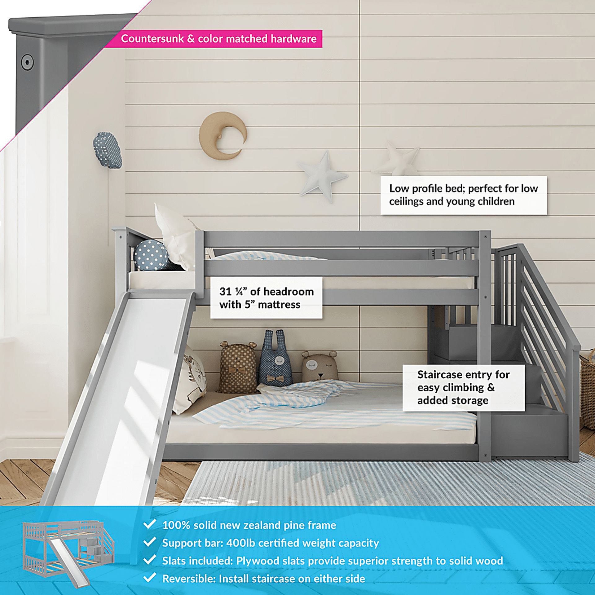 Kids Alrik Gray Twin/Twin Low Bunk Bed with Staircase and Slide - Image 2