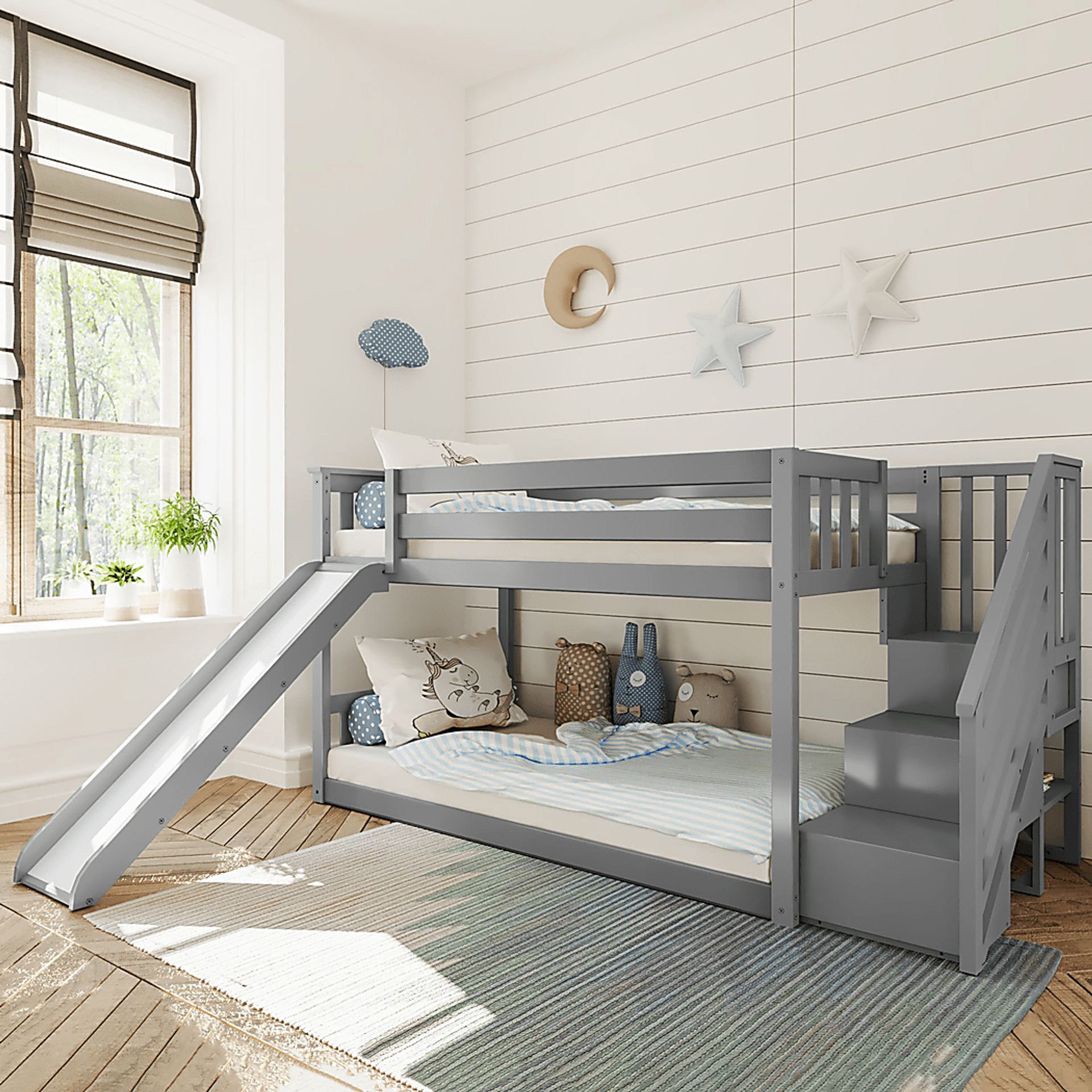 Kids Alrik Gray Twin/Twin Low Bunk Bed with Staircase and Slide - Image 1