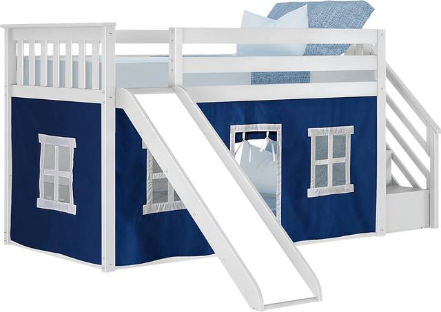 Kids Alwaes White Twin/Twin Low Bunk Bed with Slide and Blue Tent - Thumbnail - Image 2